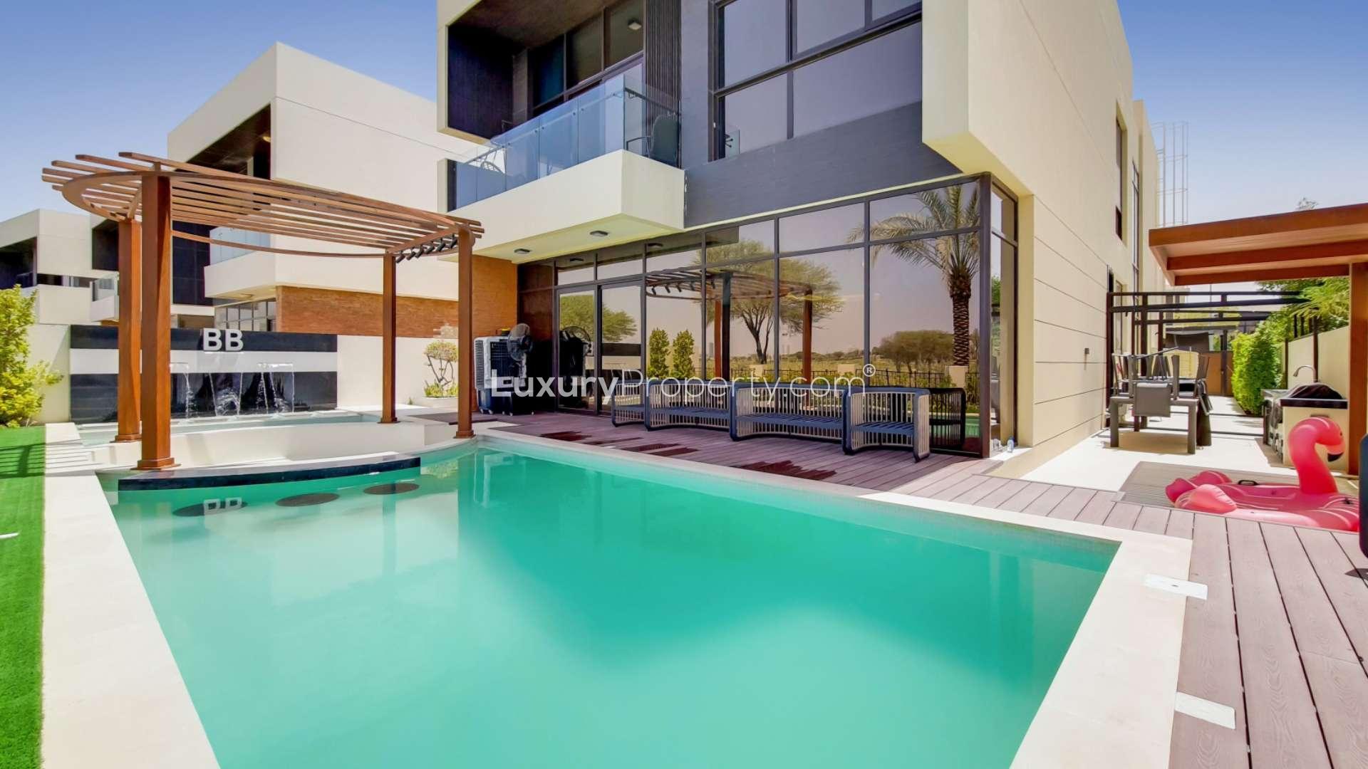 Luxurious living room in fully furnished villa, Damac Hills, Flora community, elegant decor