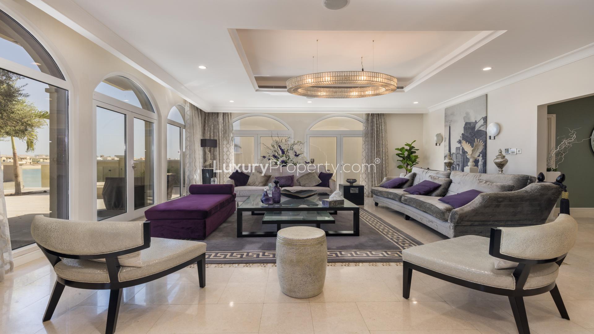 Luxurious living room in upgraded 6-bedroom villa, Palm Jumeirah Garden Homes, available for rent