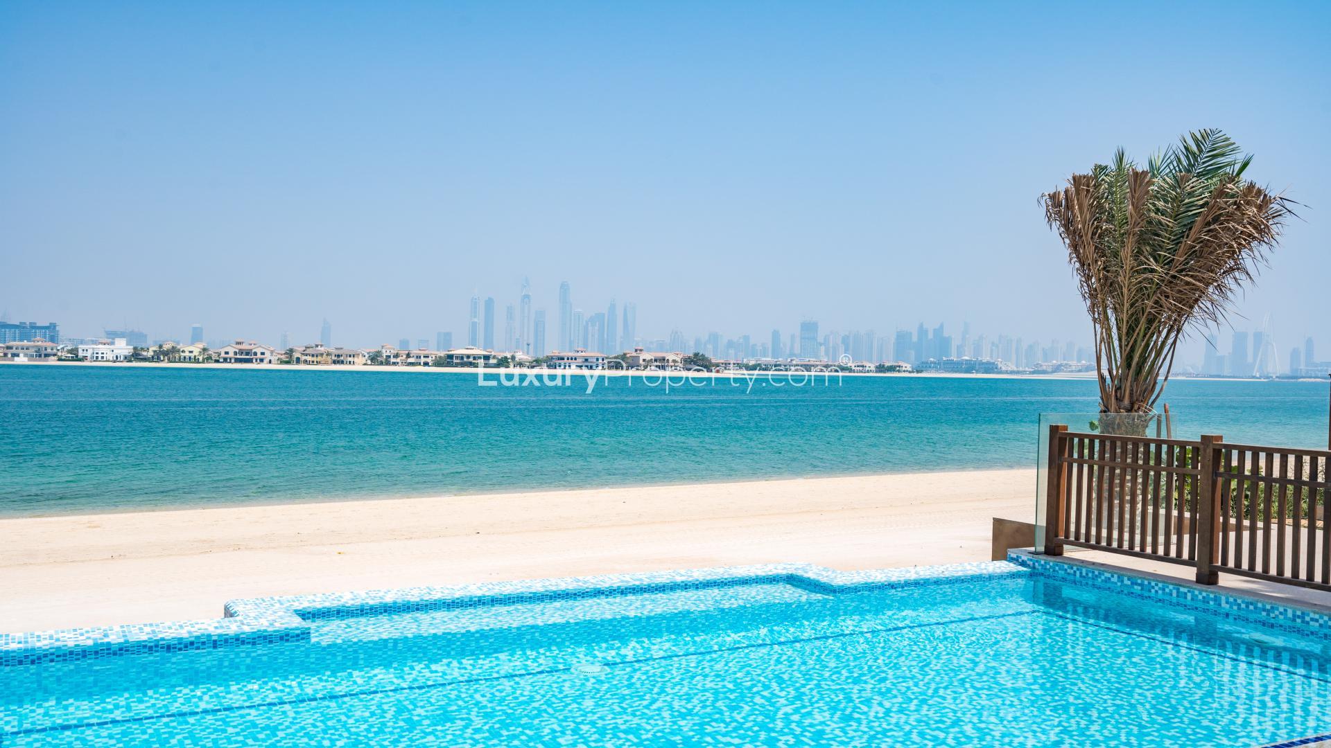 Spacious beachfront villa interior with ocean view, Palm Jumeirah, Kingdom of Sheba