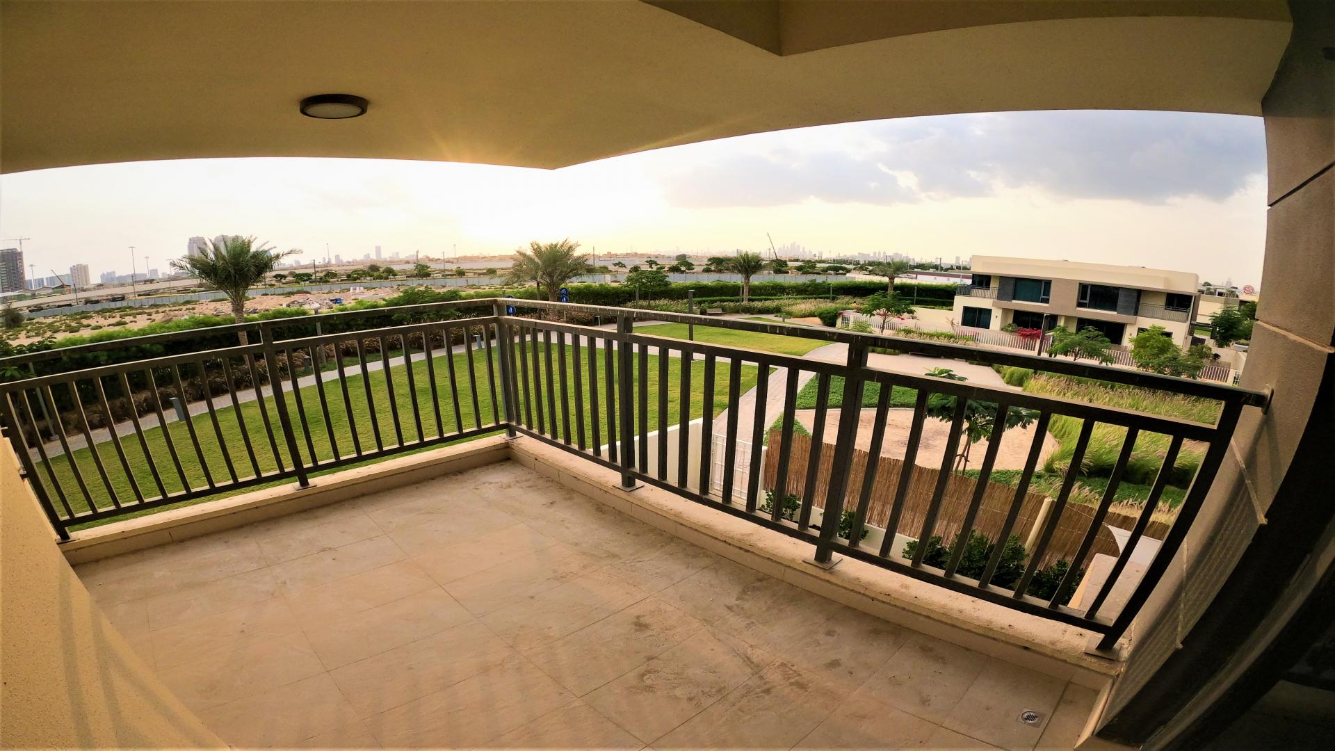 Modern villa patio with landscaped garden in Maple at Dubai Hills Estate