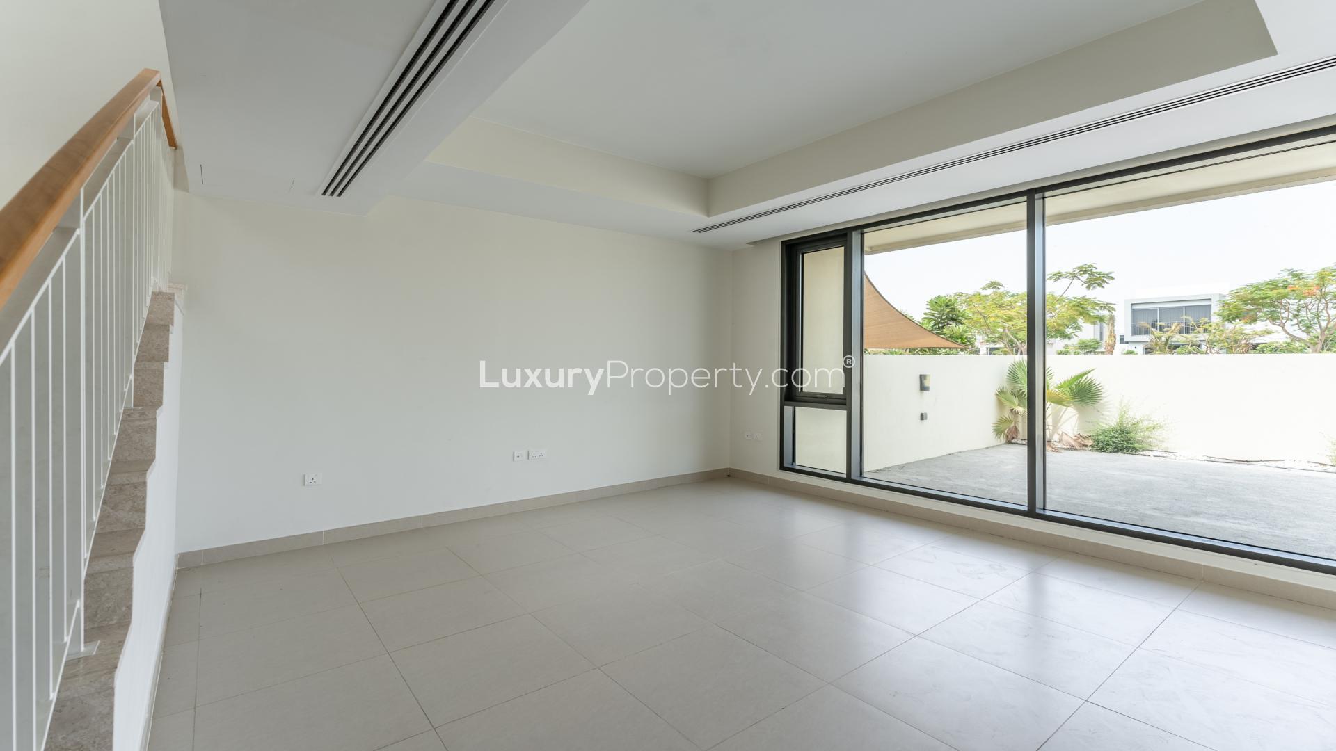 Balcony view of single-row villa in Maple 1, Dubai Hills Estate, available for rent