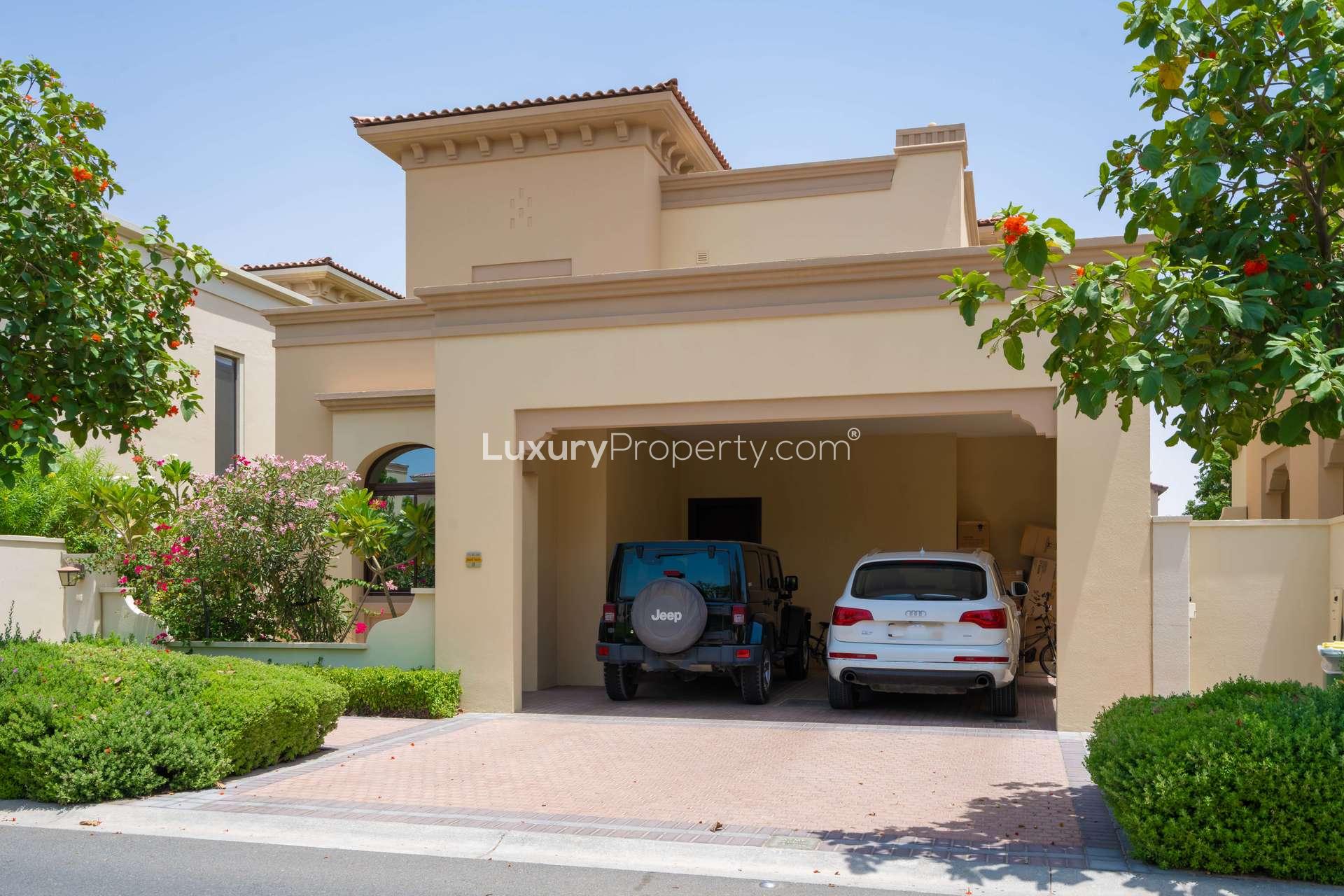 Exterior view of 5-bedroom villa in Palma, Arabian Ranches 2, with two-car driveway