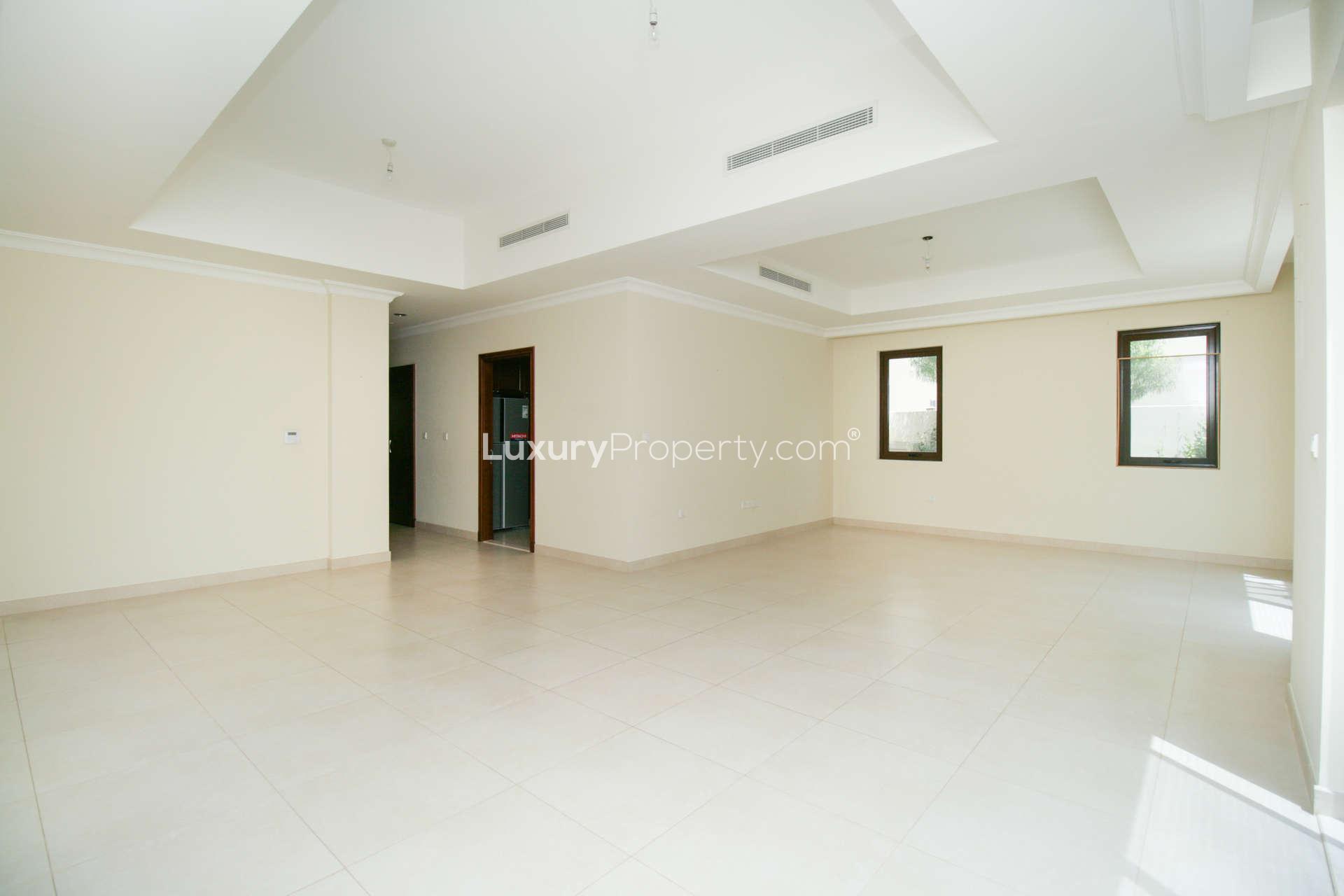 Exterior view of spacious villa patio in Palma, Arabian Ranches 2, with garden area