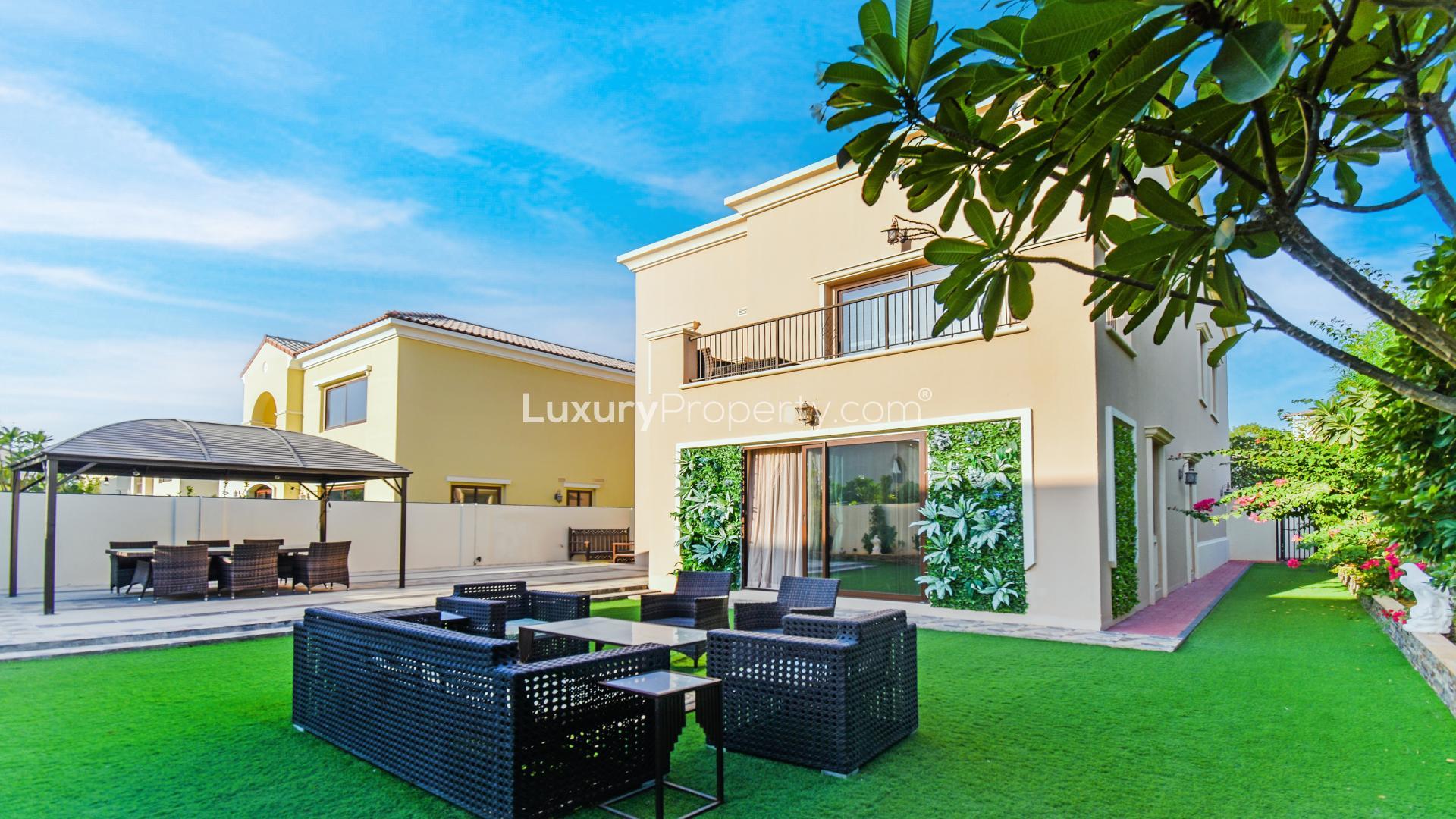 "Spacious backyard with outdoor seating in Samara villa, Arabian Ranches 2. LP16041 for rent.",5 Bedroom Upgraded Villa with Garden in Samara, Arabian Ranches 2 for Rent