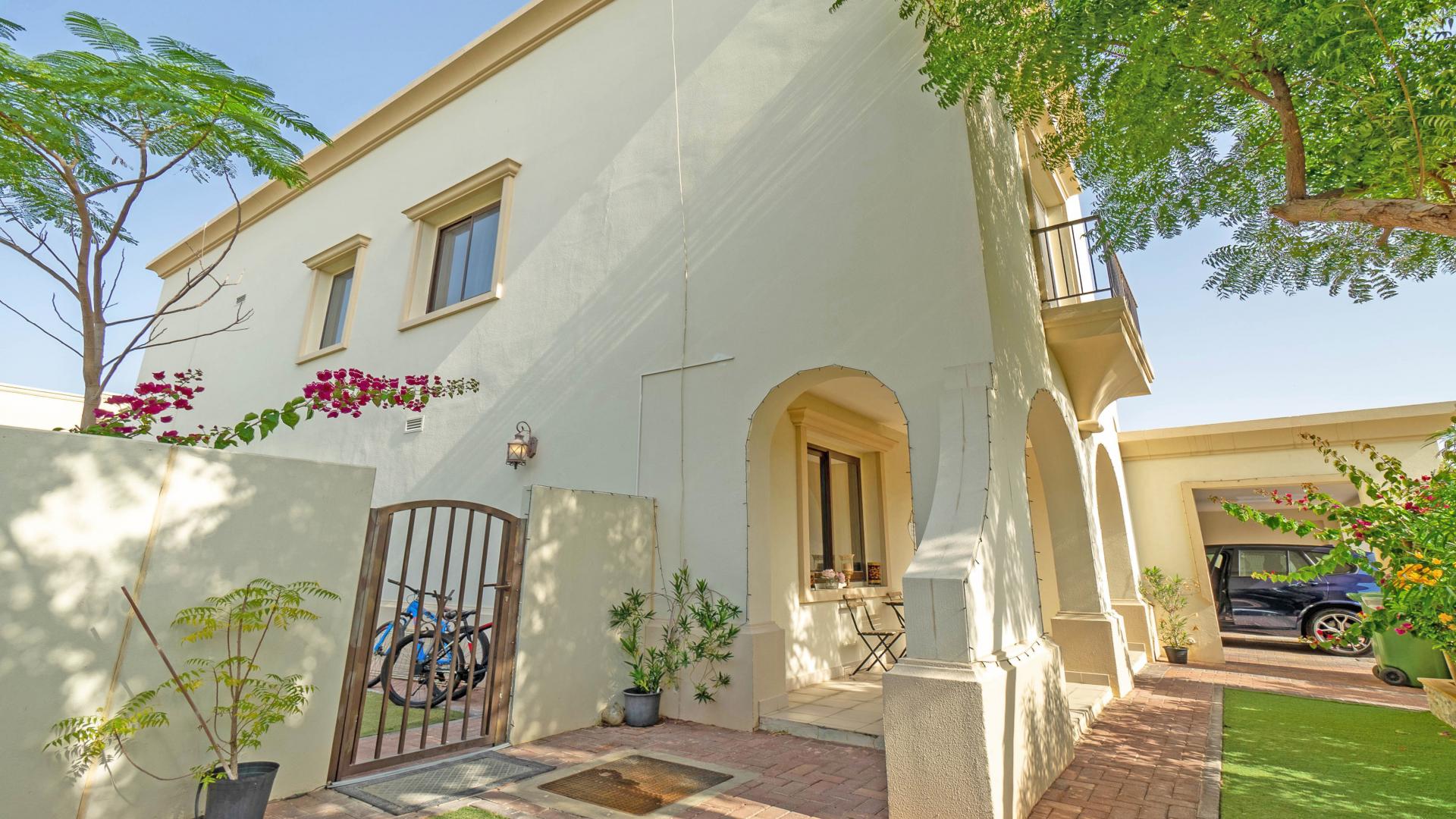 Beautiful villa exterior with lush greenery in Samara, Arabian Ranches 2, available for rent