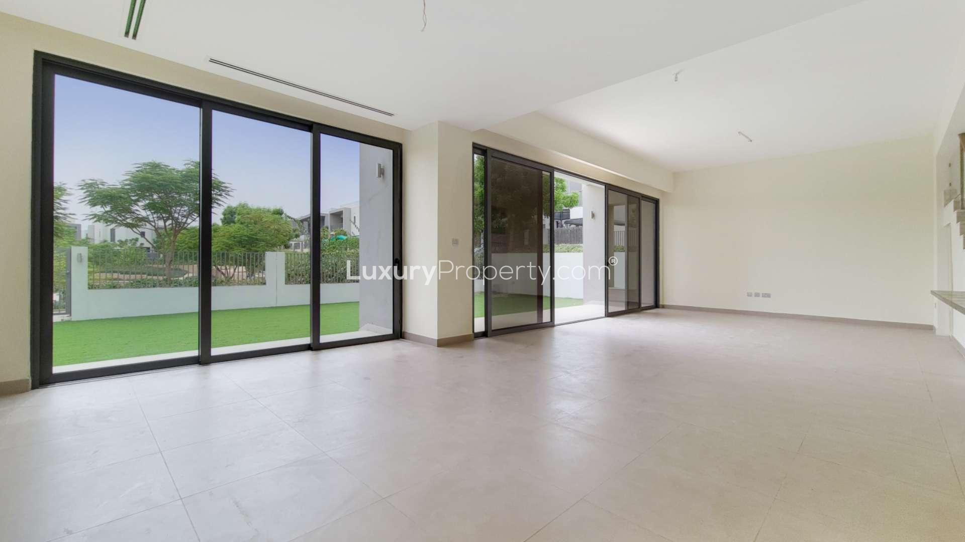 Modern 5-bedroom villa exterior in Sidra 1, Dubai Hills Estate with landscaped garden view