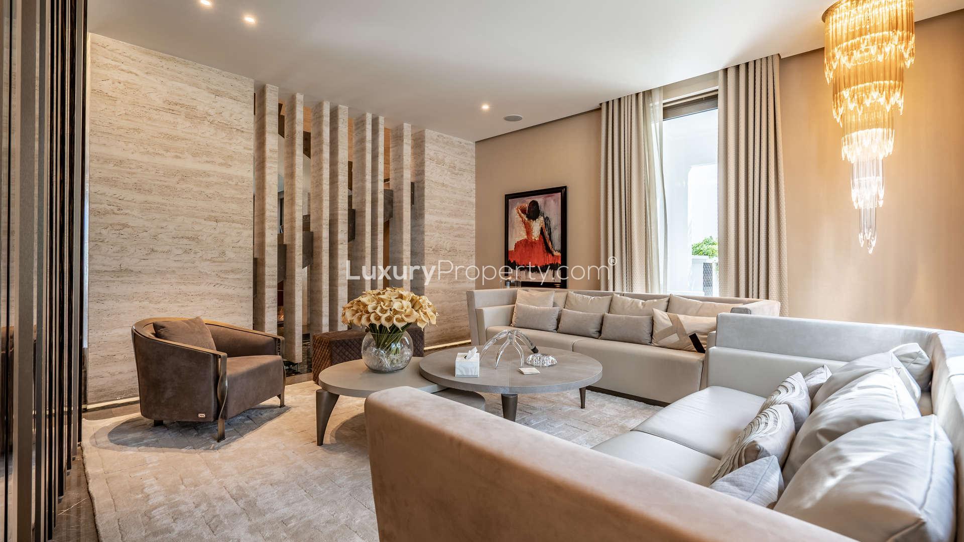 Luxurious billiard room in 5-bedroom villa, Palm Jumeirah Signature Villas, marble flooring, modern decor