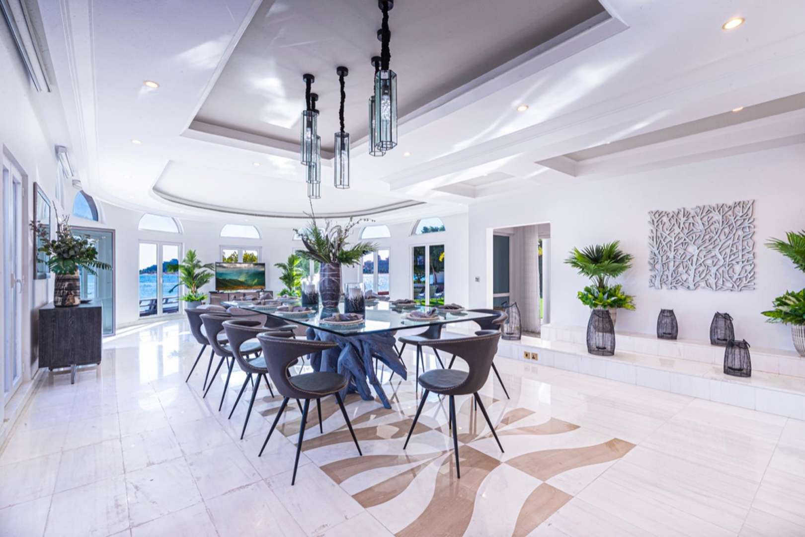 Luxurious living room in fully furnished villa, Palm Jumeirah, with modern decor and ample light