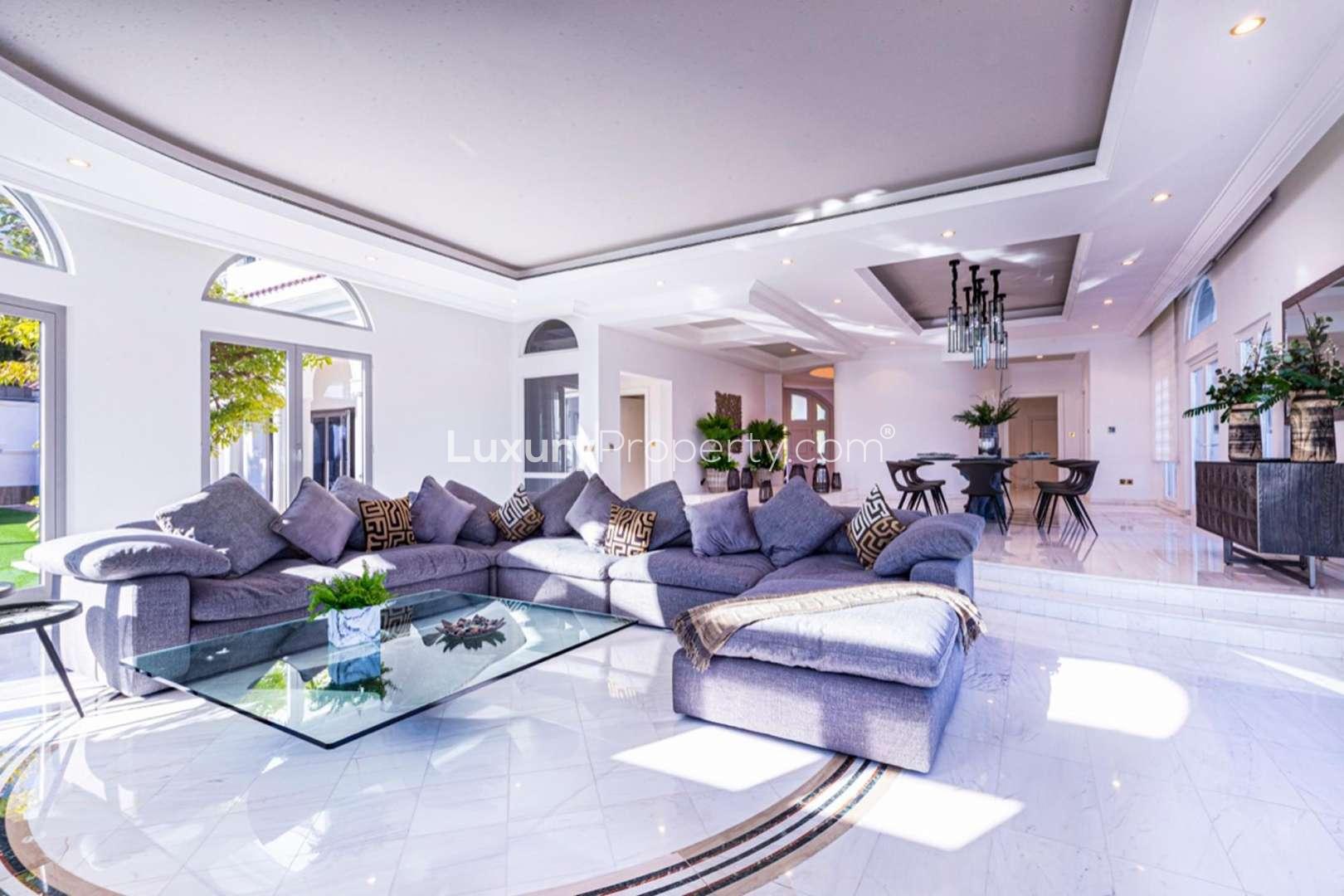 Luxurious living room in fully furnished Palm Jumeirah villa with sea view