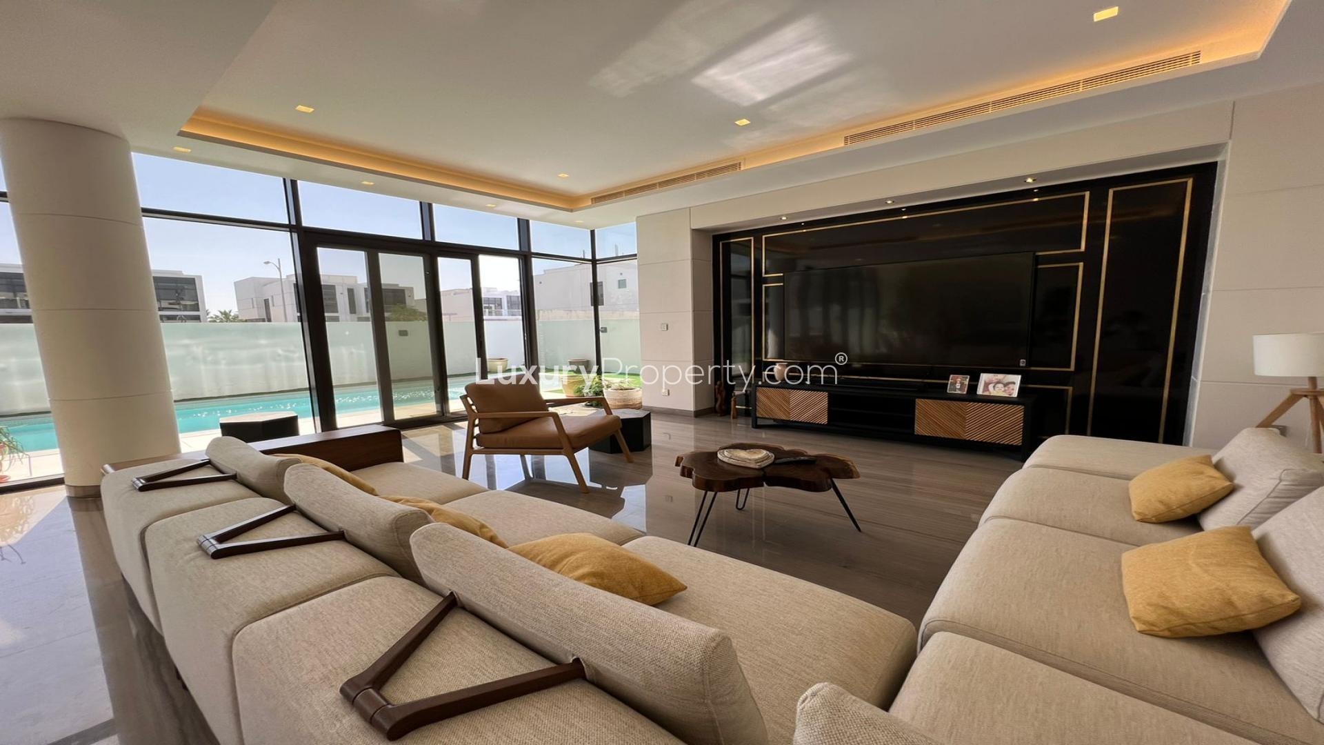 Private pool area of 5-bedroom villa for rent in Trump Estates, Damac Hills