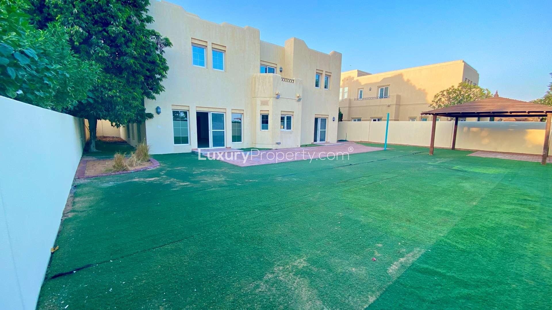 Spacious terrace view at sunset in Terra Nova, Arabian Ranches villa for rent