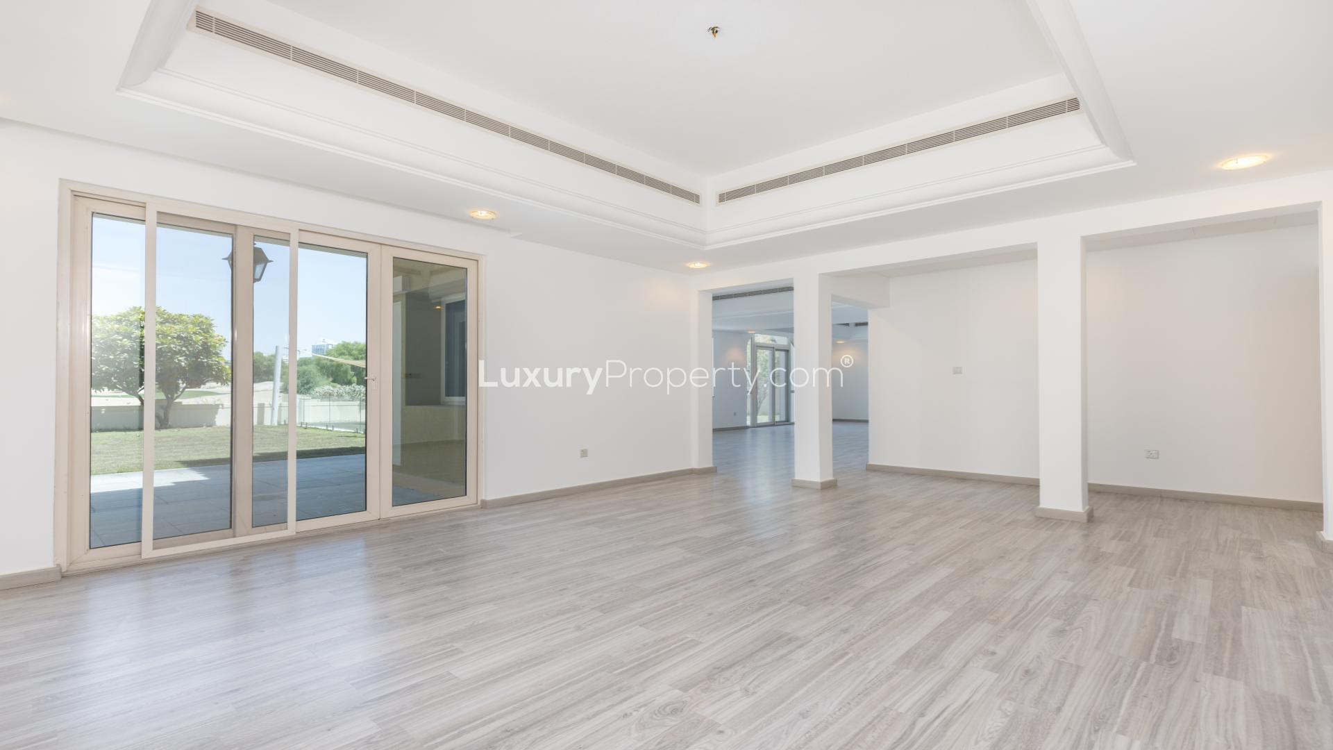 Front view of upgraded 5-bed villa in Victory Heights, Dubai Sports City for rent