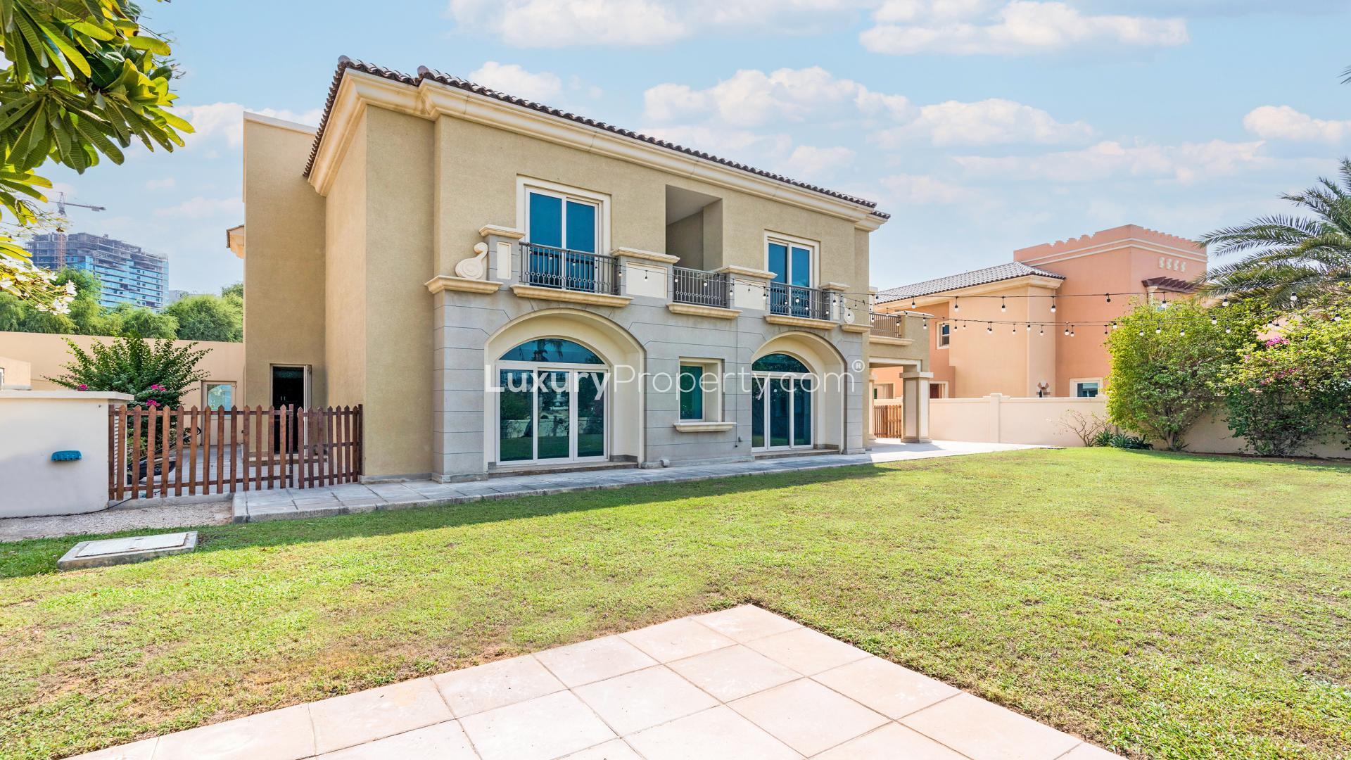 Luxury 5-bedroom villa exterior with golf course views in Victory Heights, Dubai Sports City