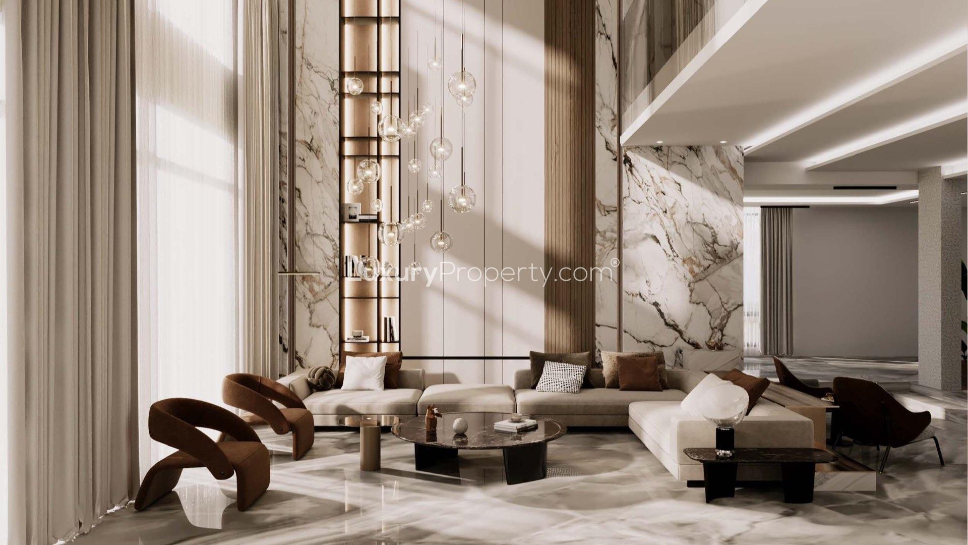 Contemporary villa living room with elegant marble accents, Jumeirah Golf Estates, Fire community