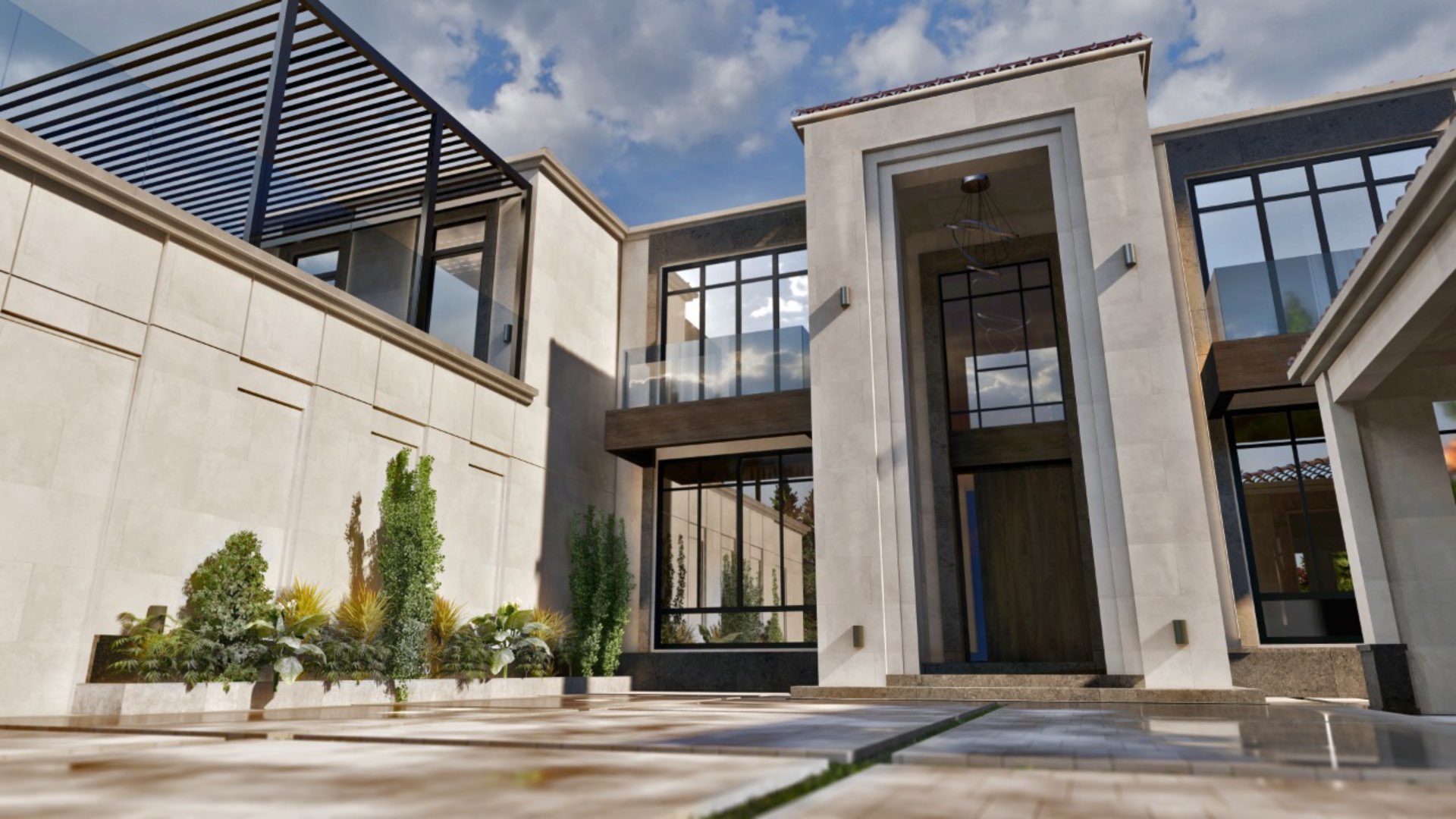 N/A,Contemporary villa exterior in Jumeirah Golf Estates, modern architecture, large windows, landscaped entry