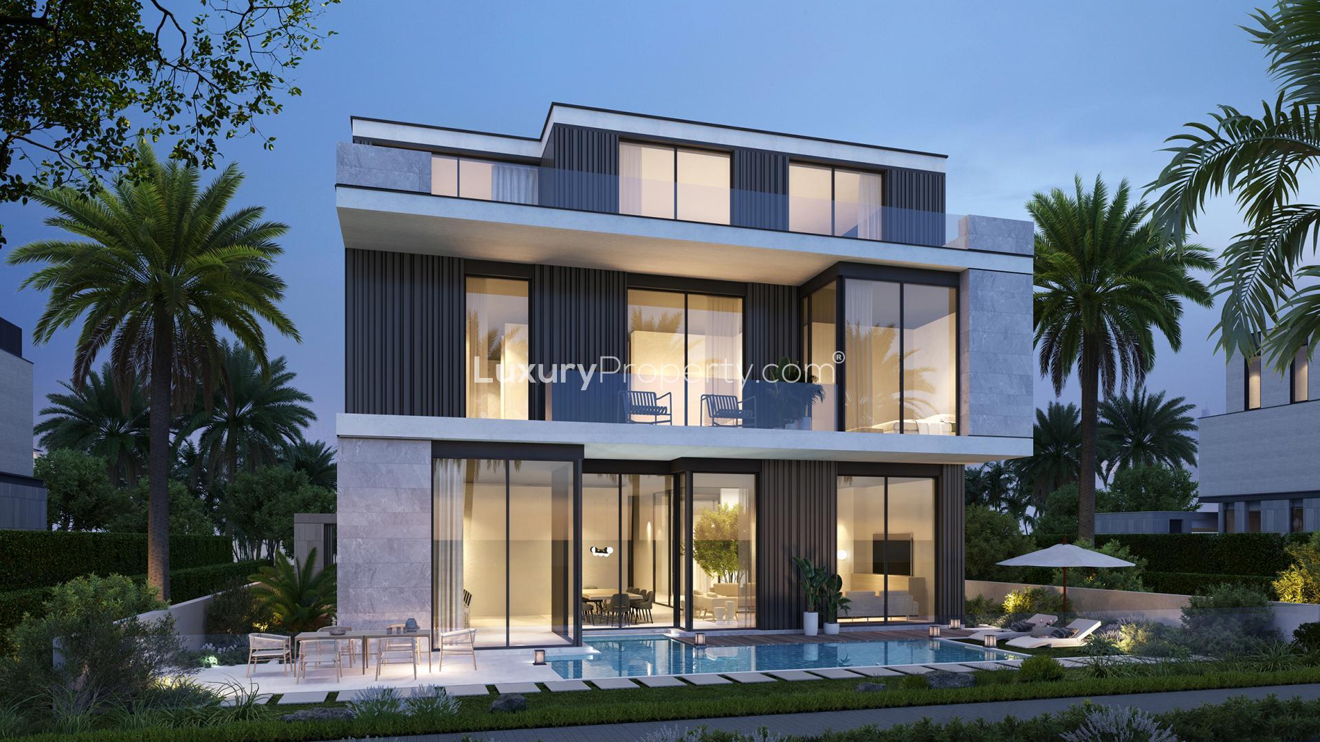 Luxurious open-plan living area with lagoon views in MBR City's Sanctuary Villa