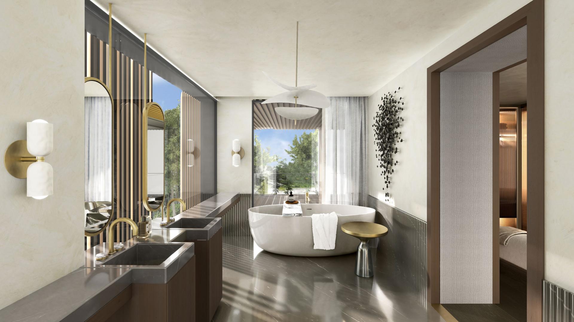 Luxurious bathroom in 5-bedroom villa, Elysian Mansions, Tilal Al Ghaf, featuring modern design