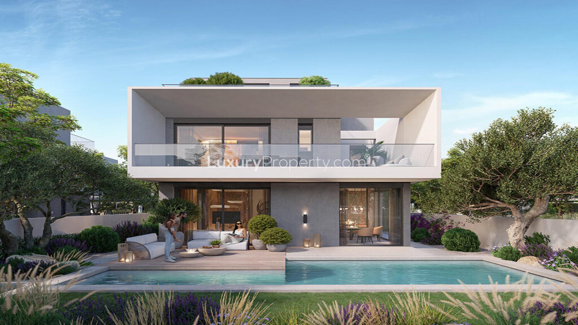 Luxurious living room with garden view in Dubai Hills Estate villa for sale