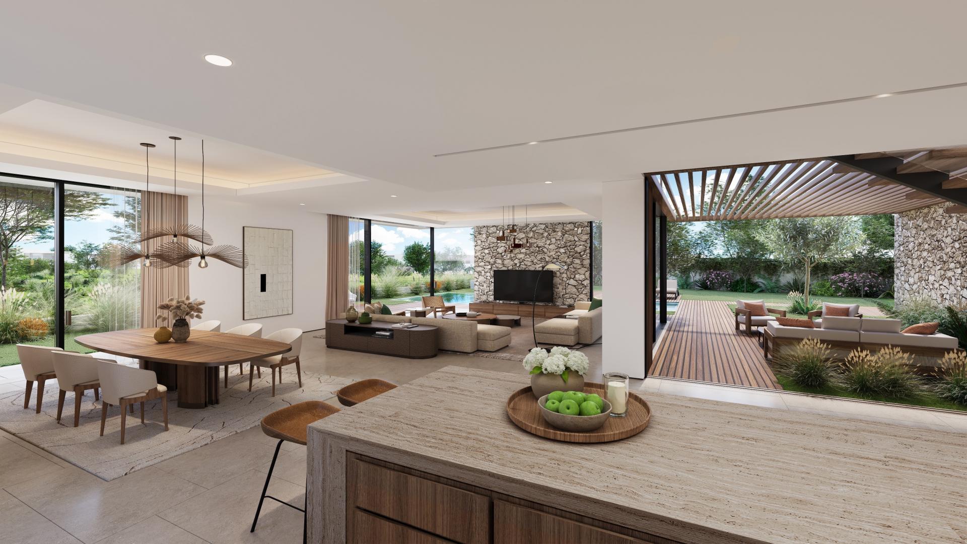 Luxurious villa interior with pool view in The Acres, Dubai Land, five-bedroom property