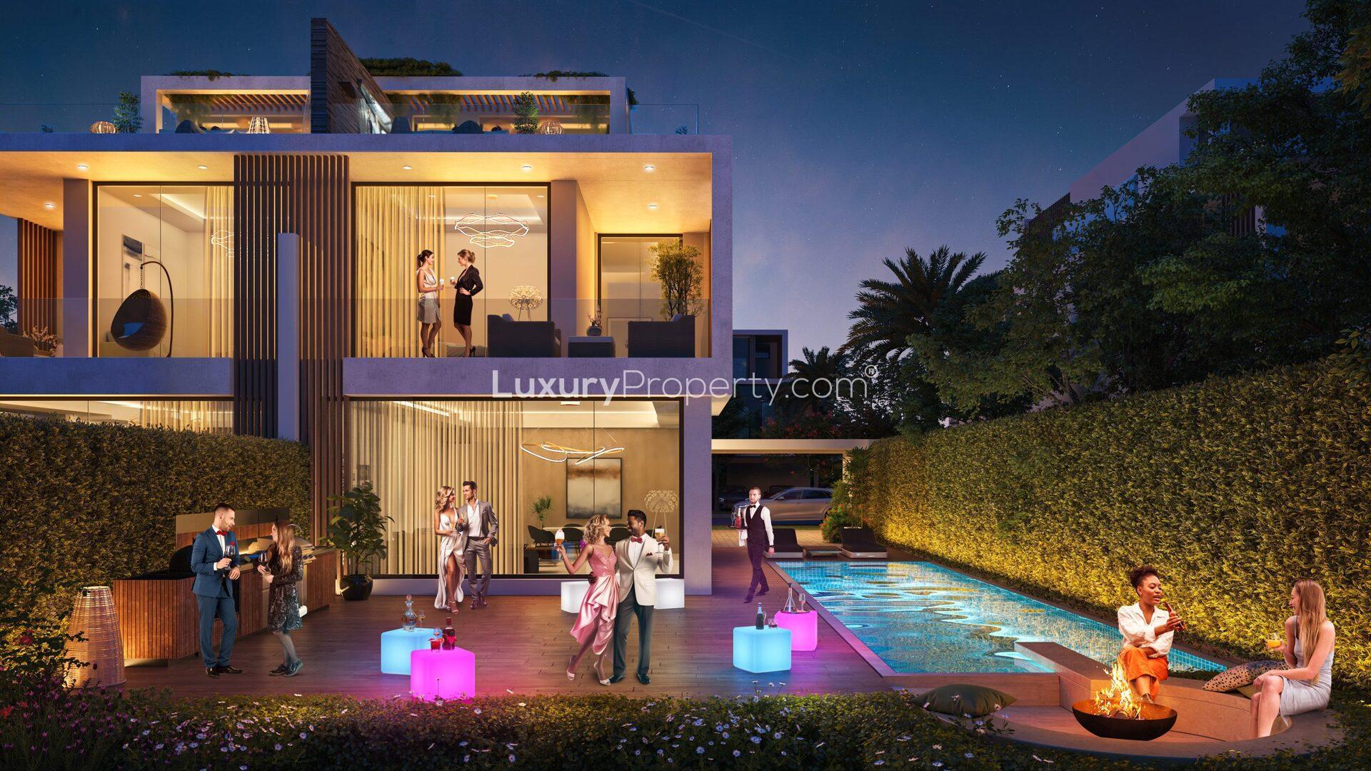 Modern bedroom interior in luxury Park Greens Villa, Damac Hills 2, featuring stylish decor