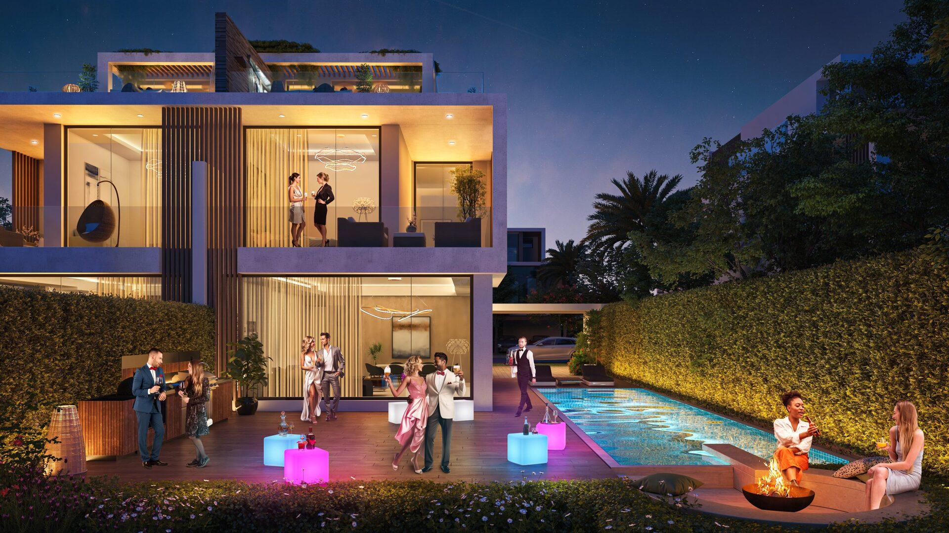 Luxury 5-bed villa exterior with garden and pool in Damac Hills 2, Park Greens