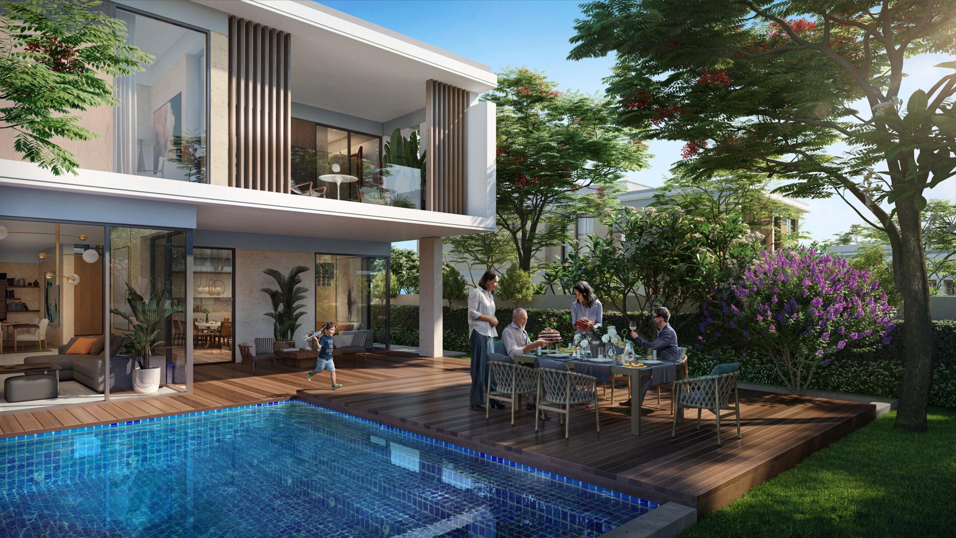 Luxurious living room in Harmony Villa, Tilal Al Ghaf, with modern decor and garden view