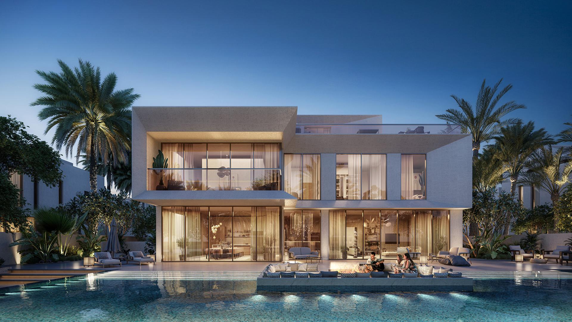 Luxurious living room with pool view in Mirage at The Oasis villa, Akoya