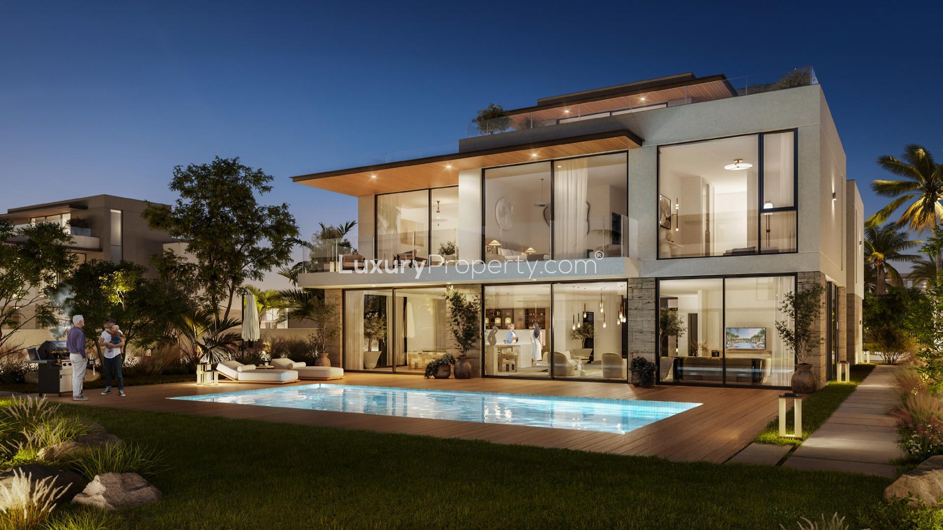 Luxurious living room in Farm Gardens 2 villa, The Valley, with pool view