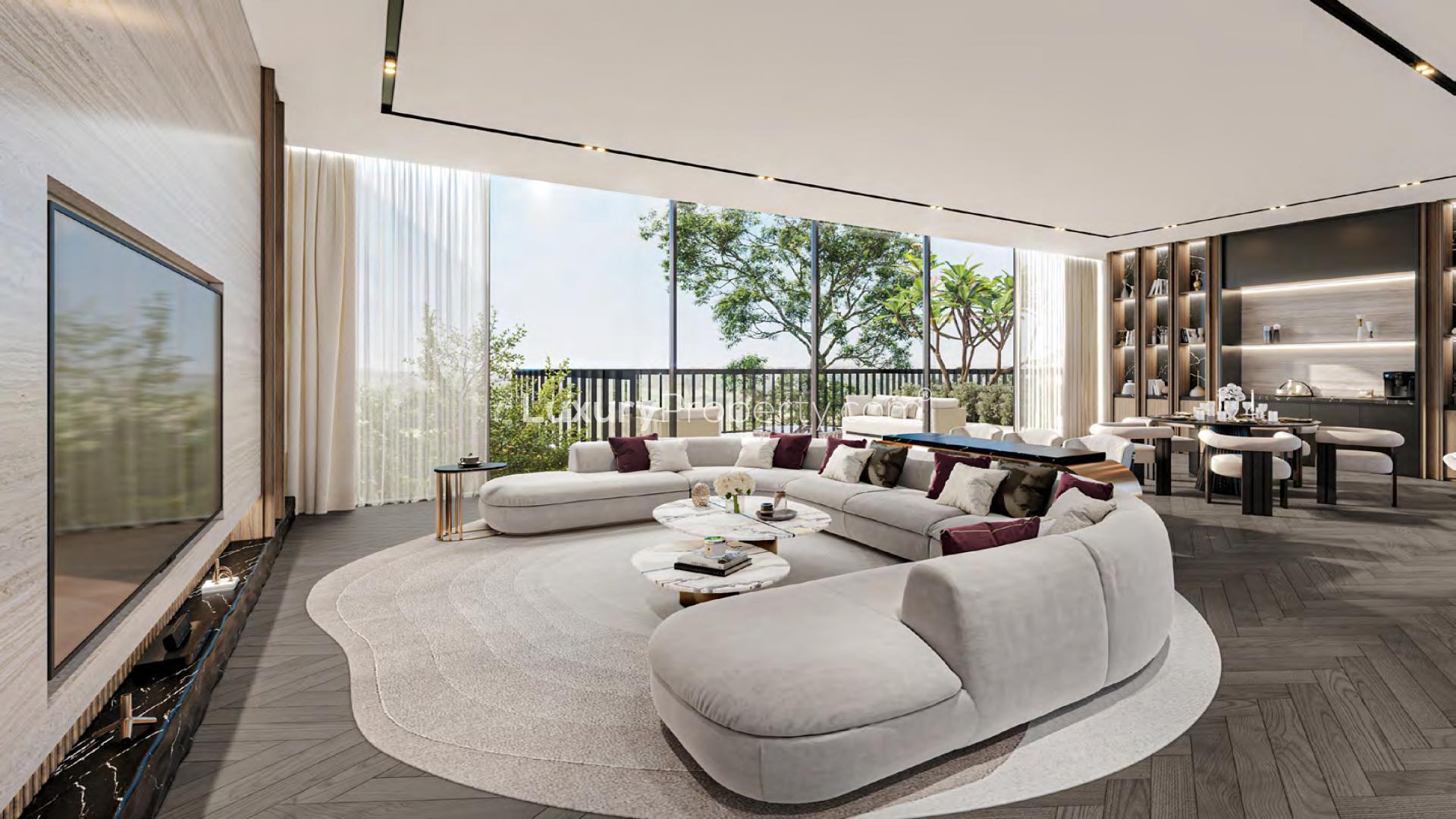Modern 5-bedroom villa exterior in Damac Hills, featuring lush greenery and sleek design