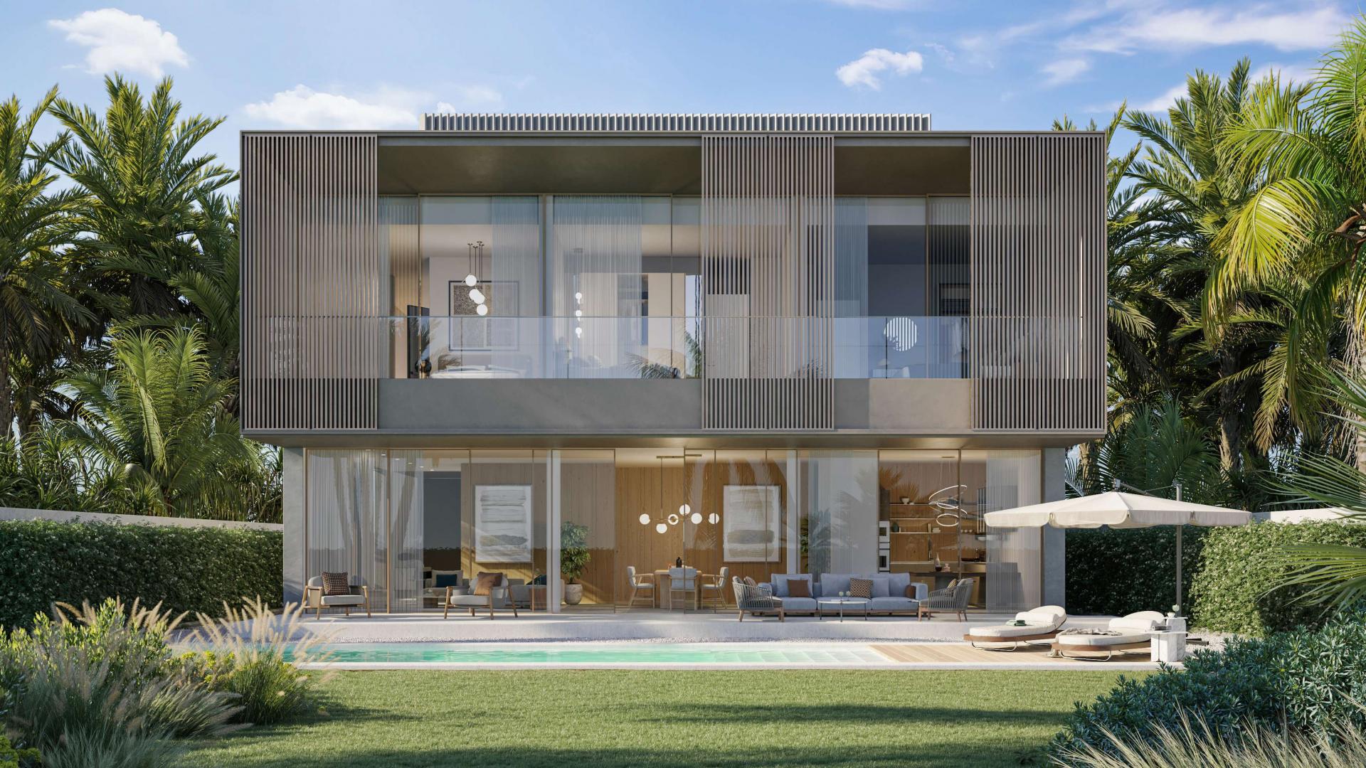 Modern 5-bedroom garden villa exterior in Dubai Islands, Deira, surrounded by lush greenery