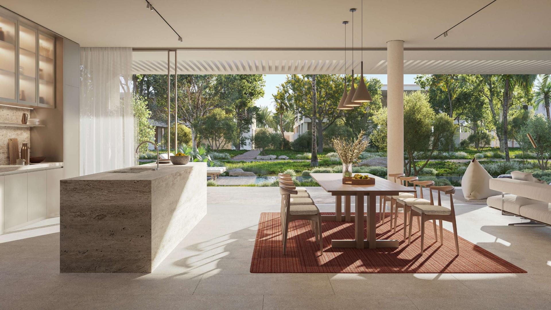 Luxurious garden villa living room with modern design, large windows, and garden views