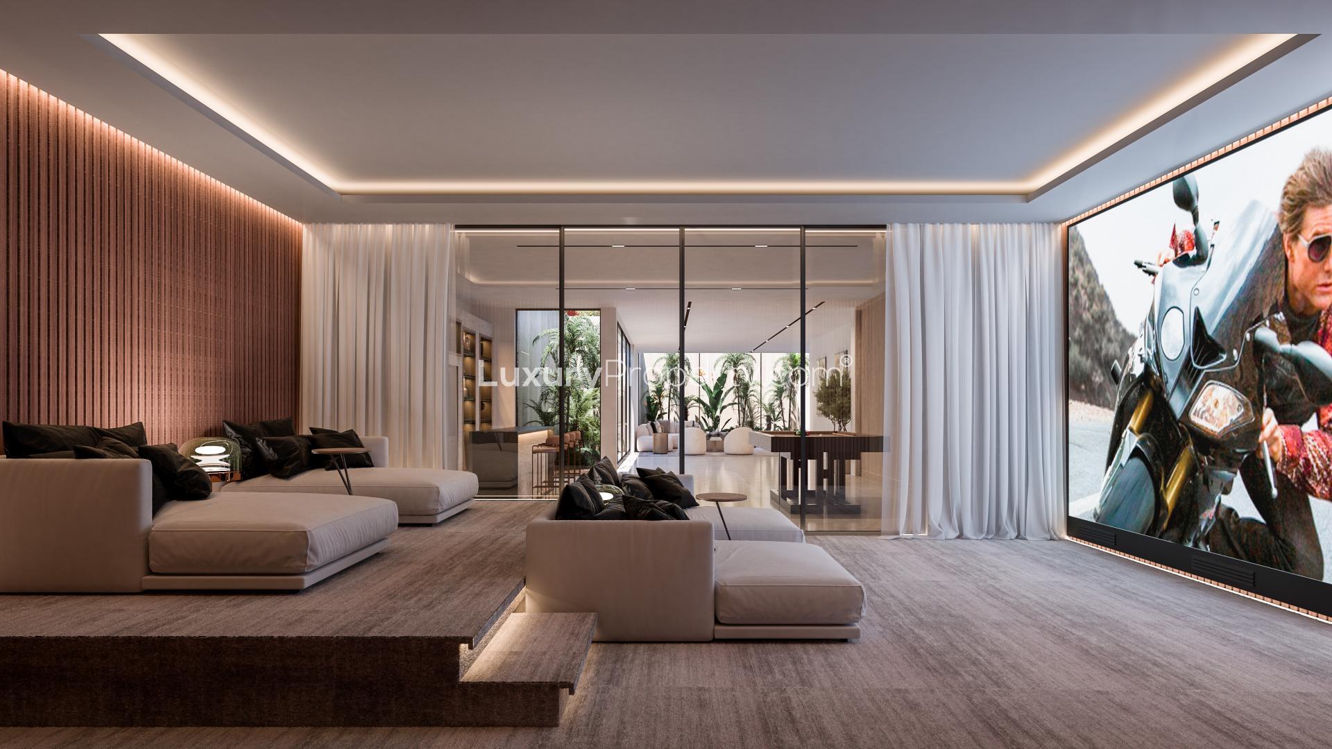 Luxurious open-plan living room in Sierra Blanca villa with pool view, Marbella