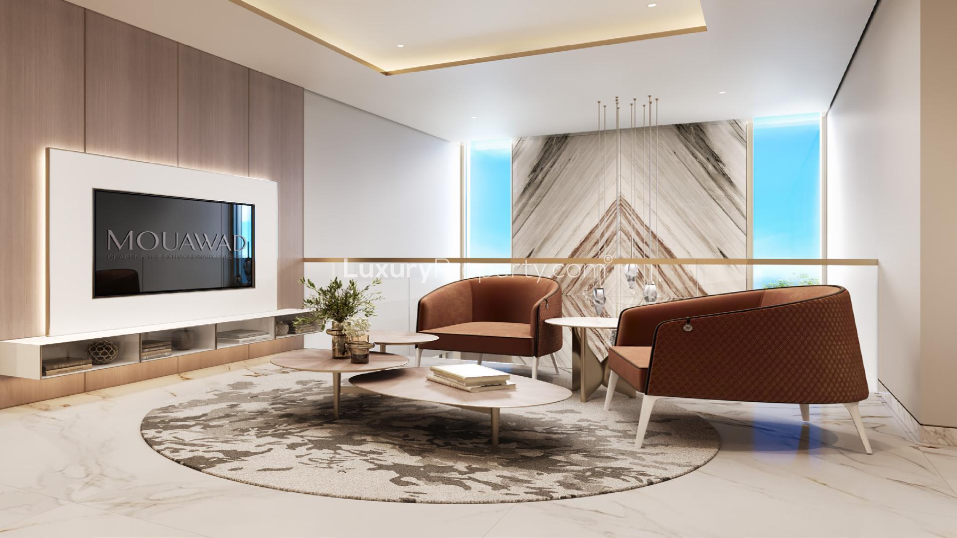 Elegant kitchen and living area in Neptune Interiors villa, Sedra, Riyadh