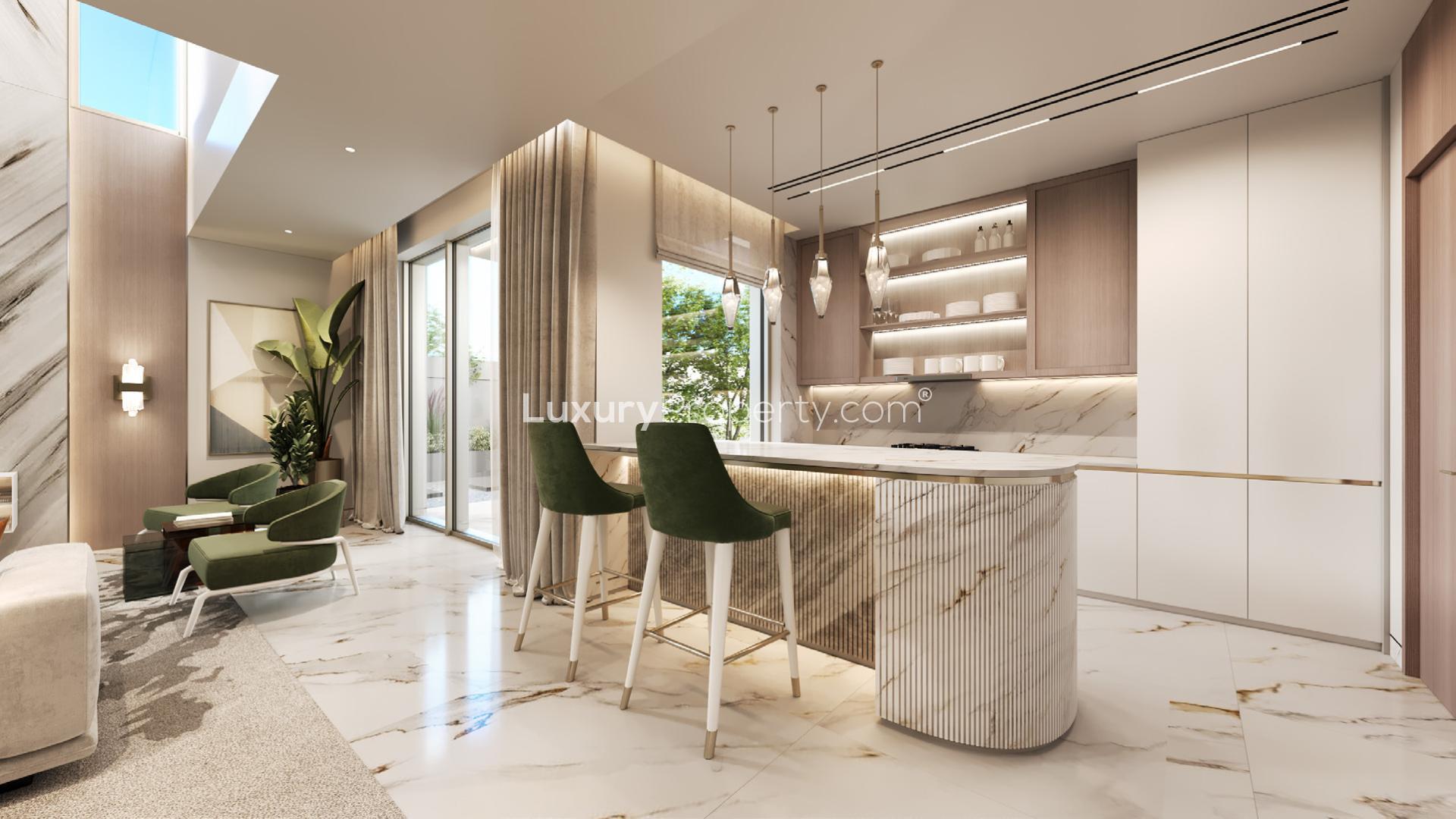 Elegant living room in Neptune Interiors villa, Sedra, Riyadh with modern decor and large windows