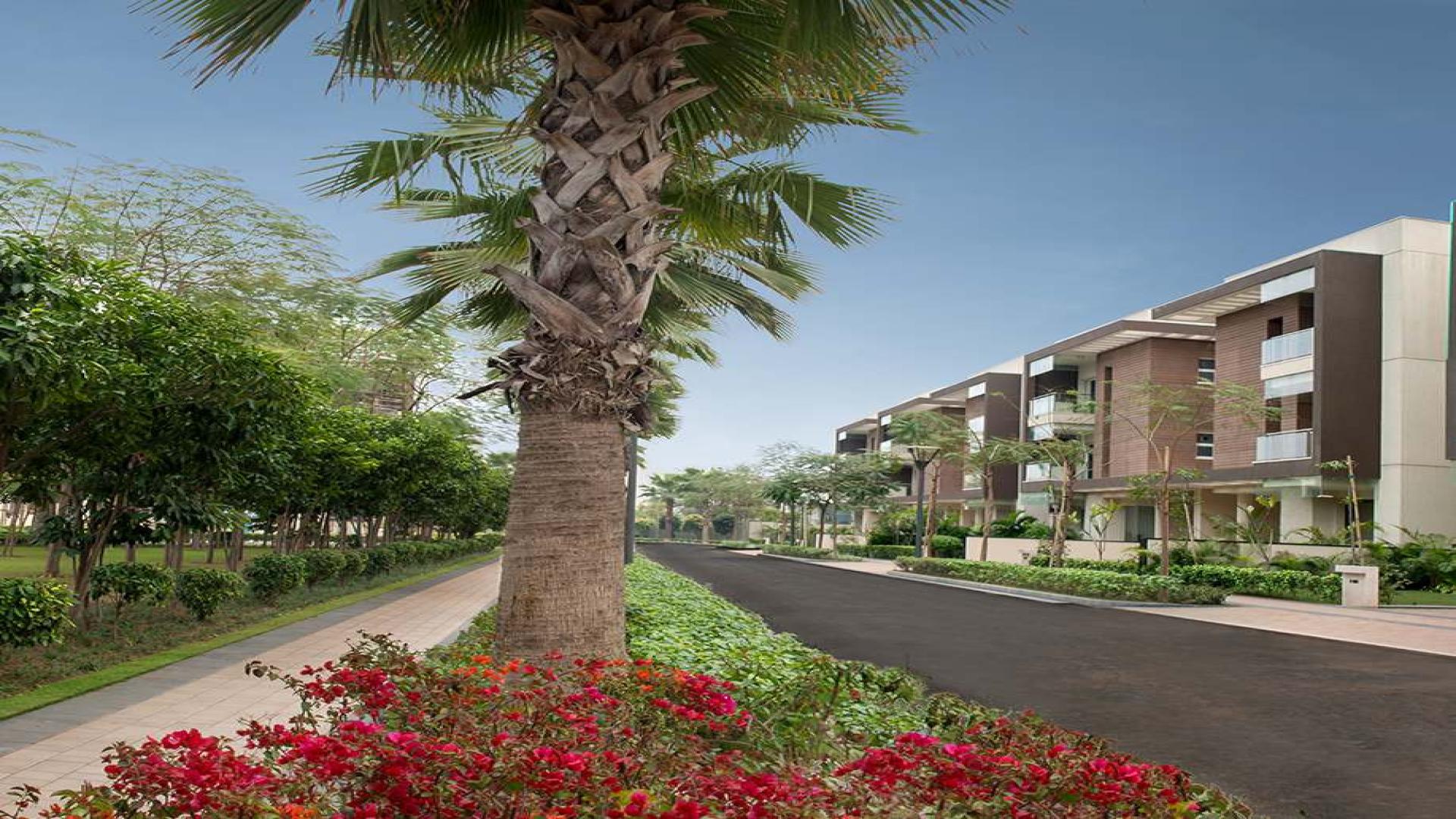 Luxurious villa exterior in Sobha Phase 1, Gurgaon, featuring landscaped gardens and palm trees