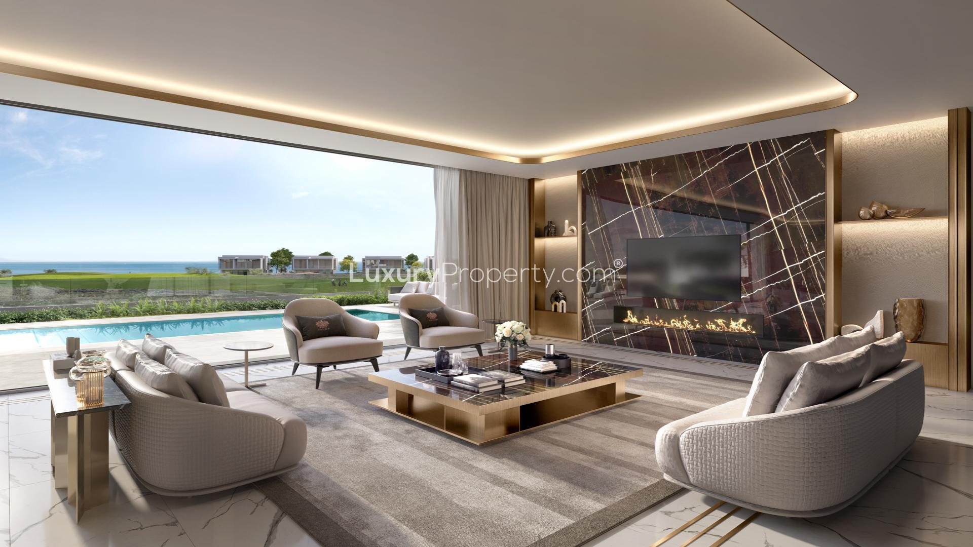 Modern 5-bedroom villa exterior in Trump Golf Villas, Muscat with luxury carport