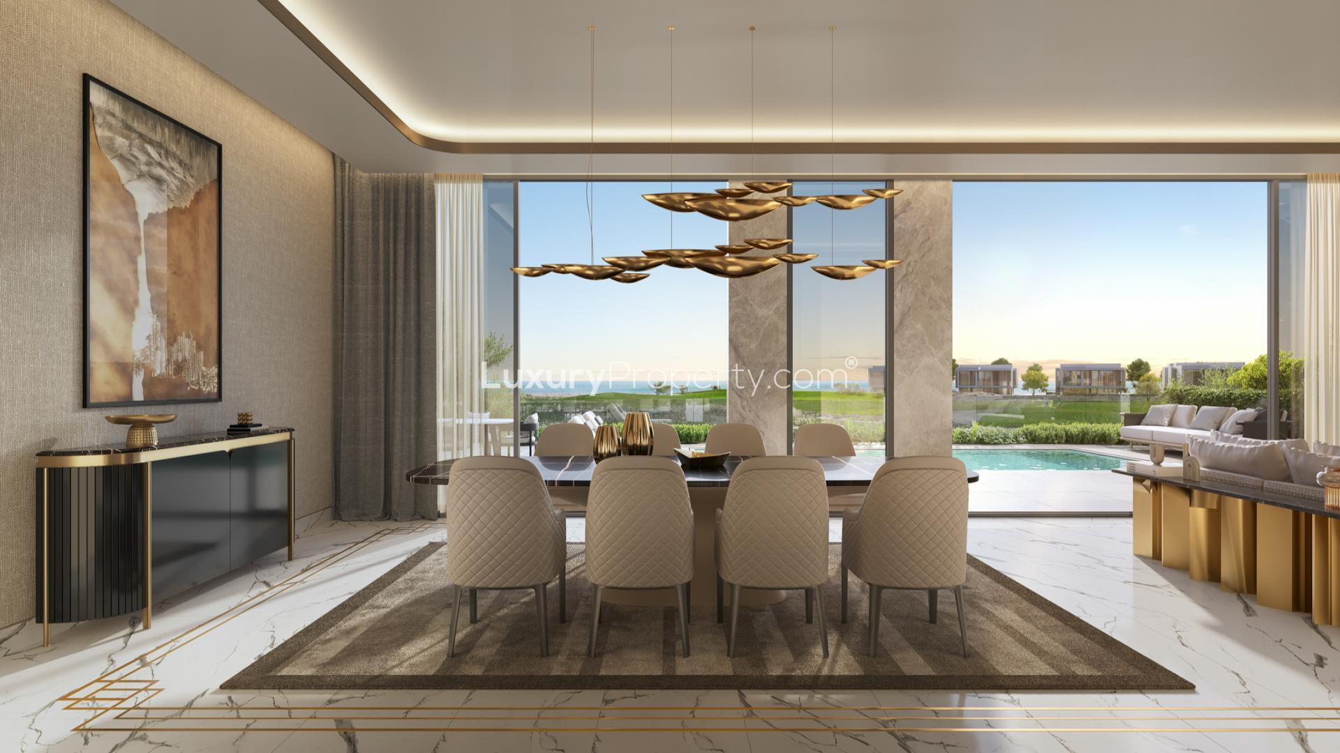 Luxurious living room in Trump Golf Villa, Muscat with pool and golf course view