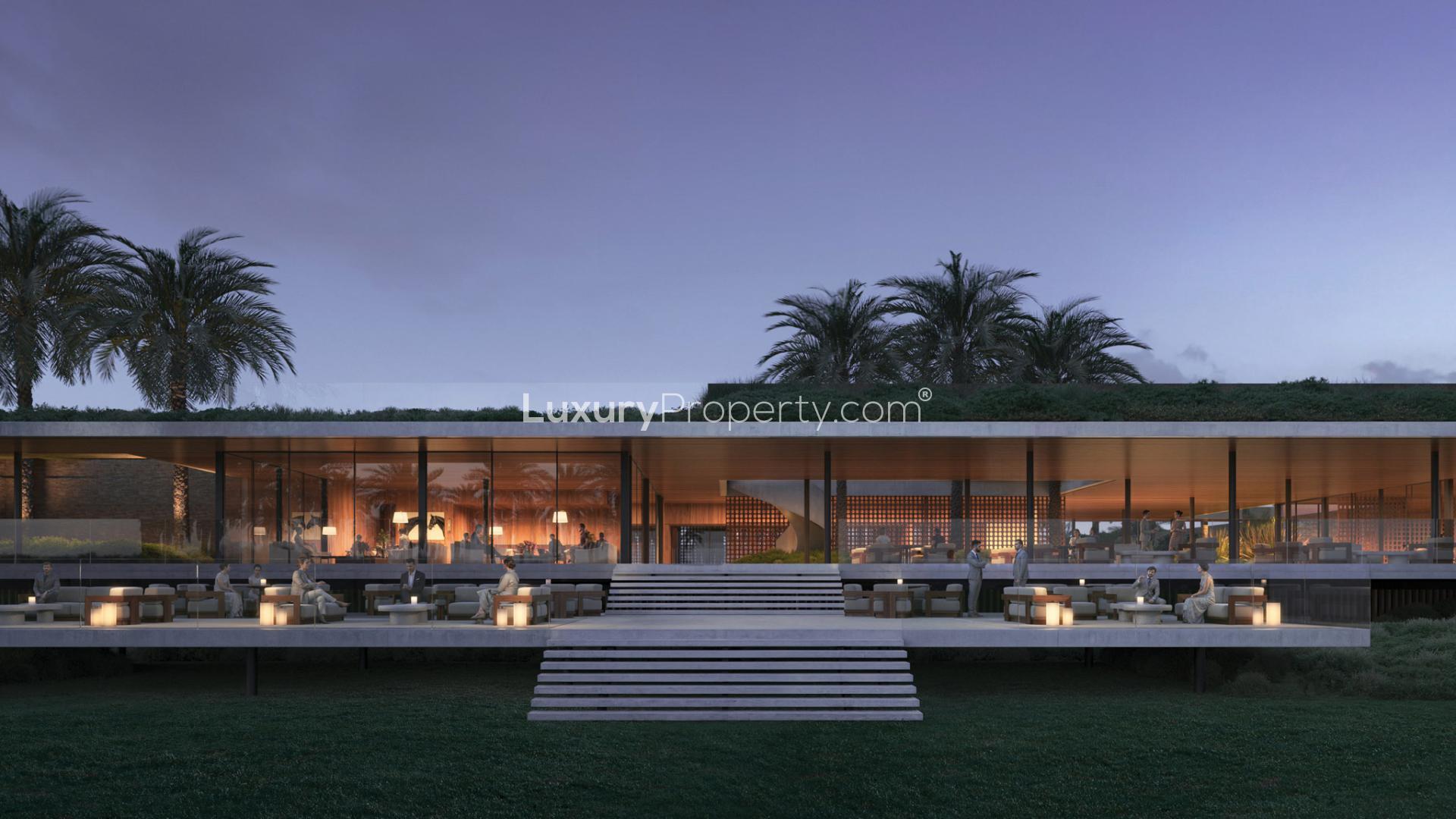 Luxury 5-bedroom villa exterior at sunset, Grand Polo Club, Dubai Investment Park