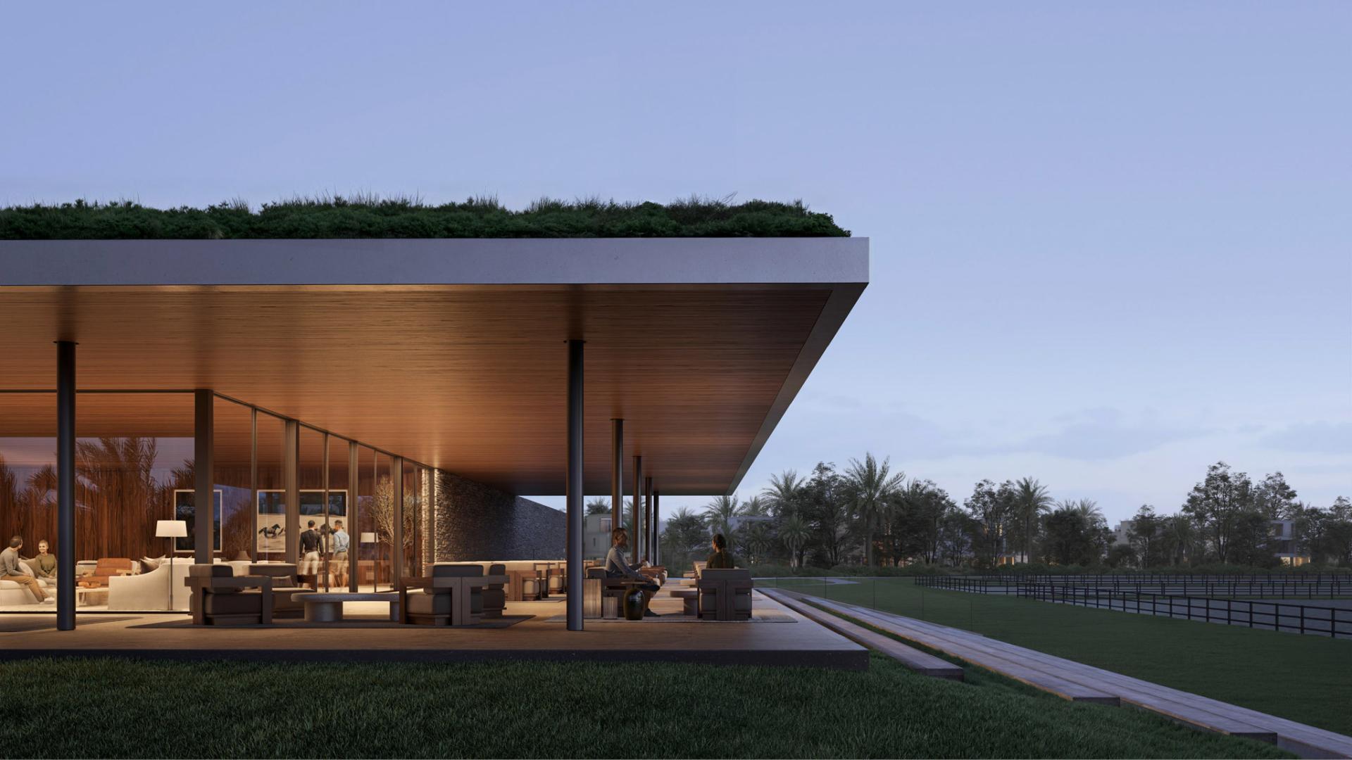 Modern luxury villa exterior at twilight, Grand Polo Club, Dubai Investment Park