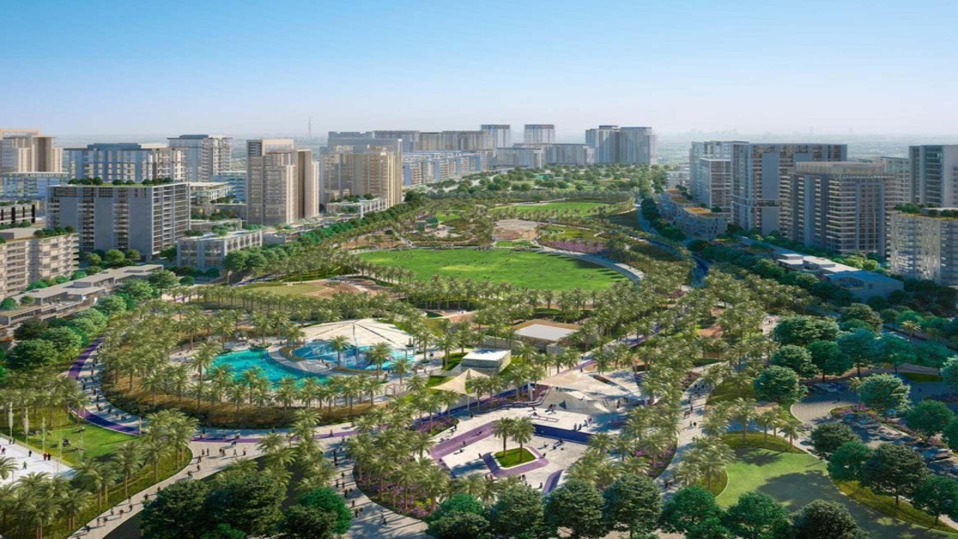 Dubai Hills golf course view near Address Hillcrest Villas with city skyline backdrop