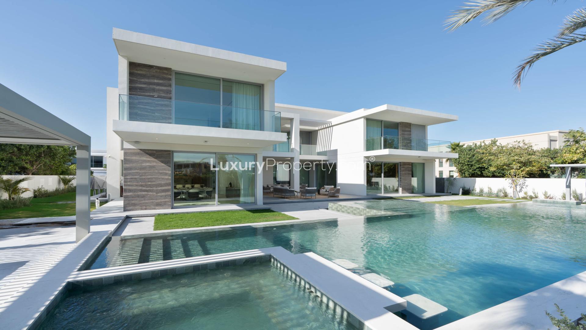 Exquisite villa with infinity pool at sunset in Dubai Hills Estate's Fairway Vistas