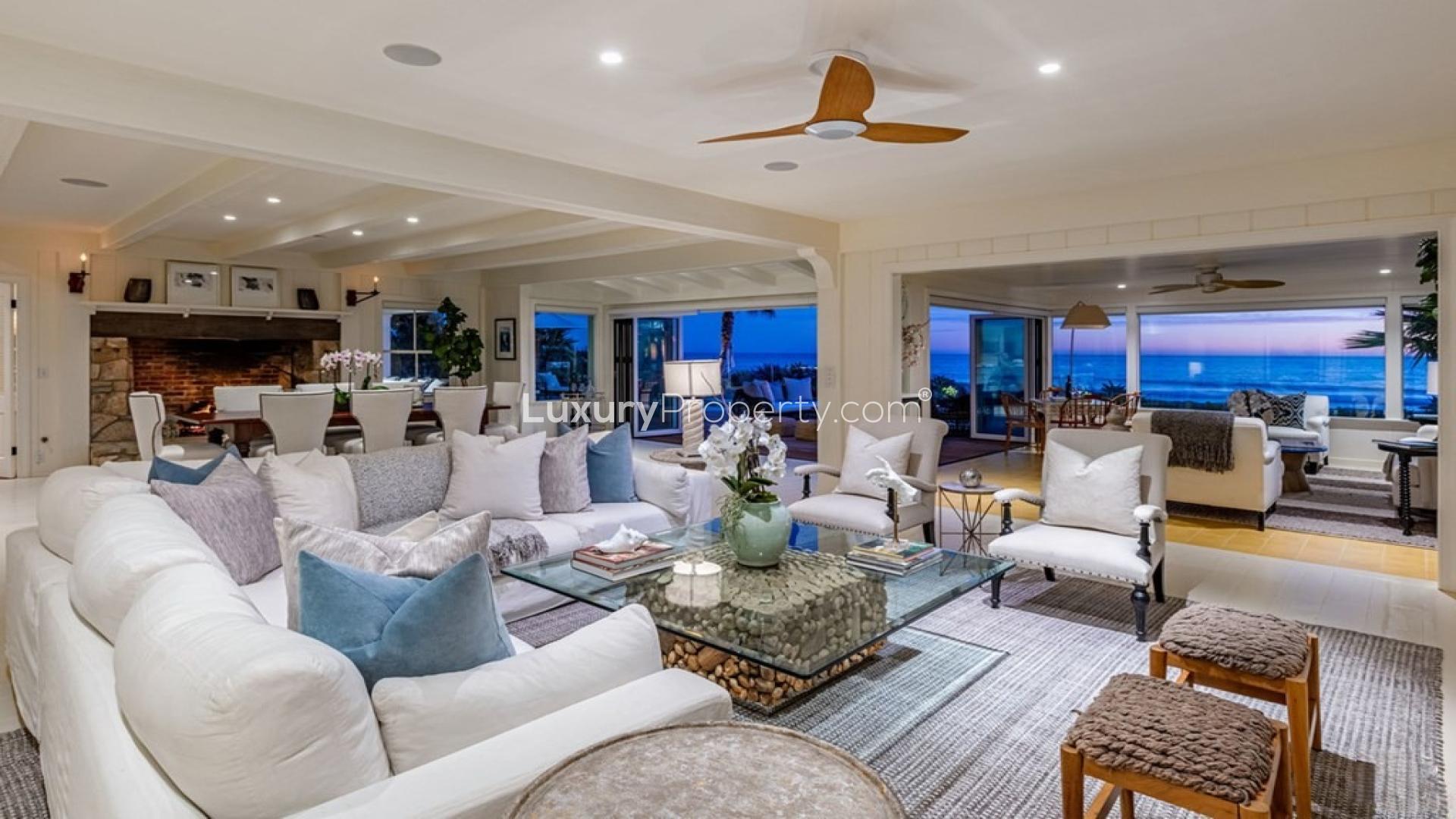 Luxury Malibu Estate villa terrace with ocean view at sunset, Broad Beach Road