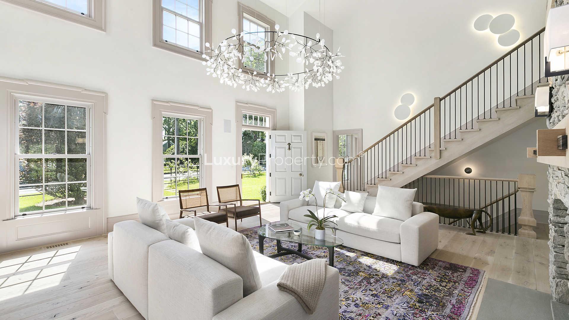 Aerial view of modern classic-style villa in lush Sag Harbor, Hamptons, New York