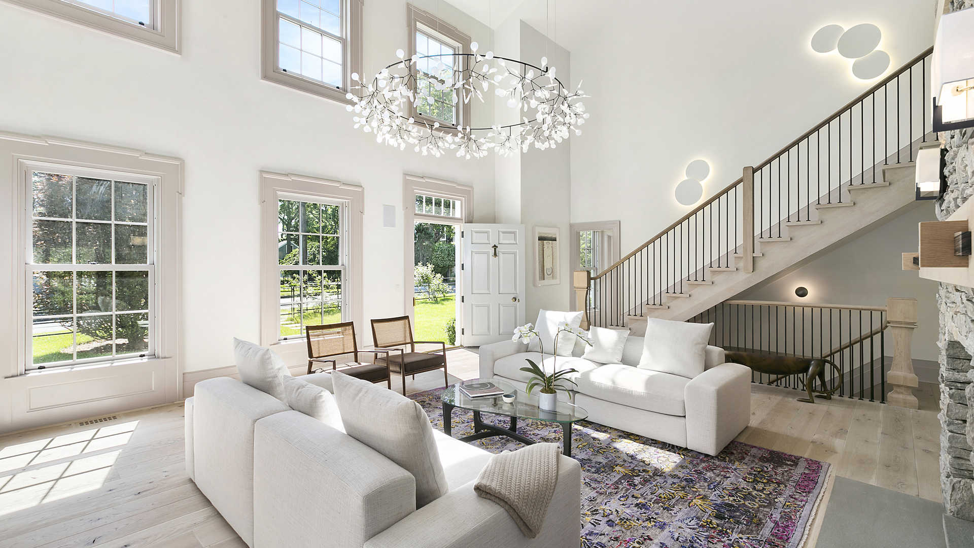 Aerial view of modern classic-style villa in lush Sag Harbor, Hamptons, New York