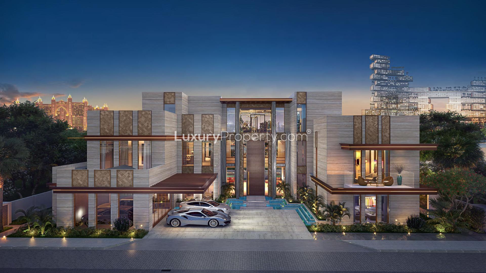 Luxurious living room in Palm Jumeirah villa with stunning sea views and modern decor