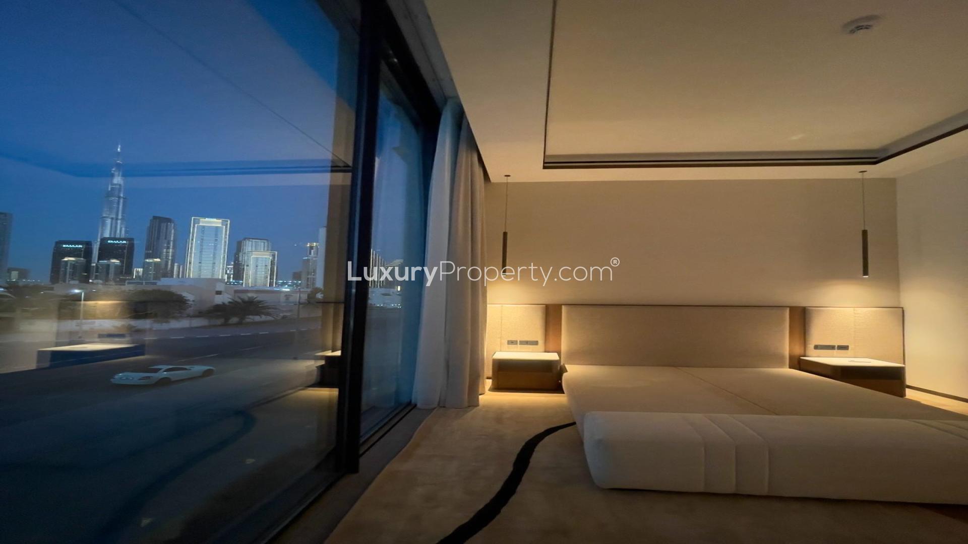 "Modern staircase in luxury villa, The Galleria Villas, Al Wasl, Burj Khalifa view.",Luxury villa bedroom with Burj Khalifa view, Al Wasl, The Galleria Villas, for sale
