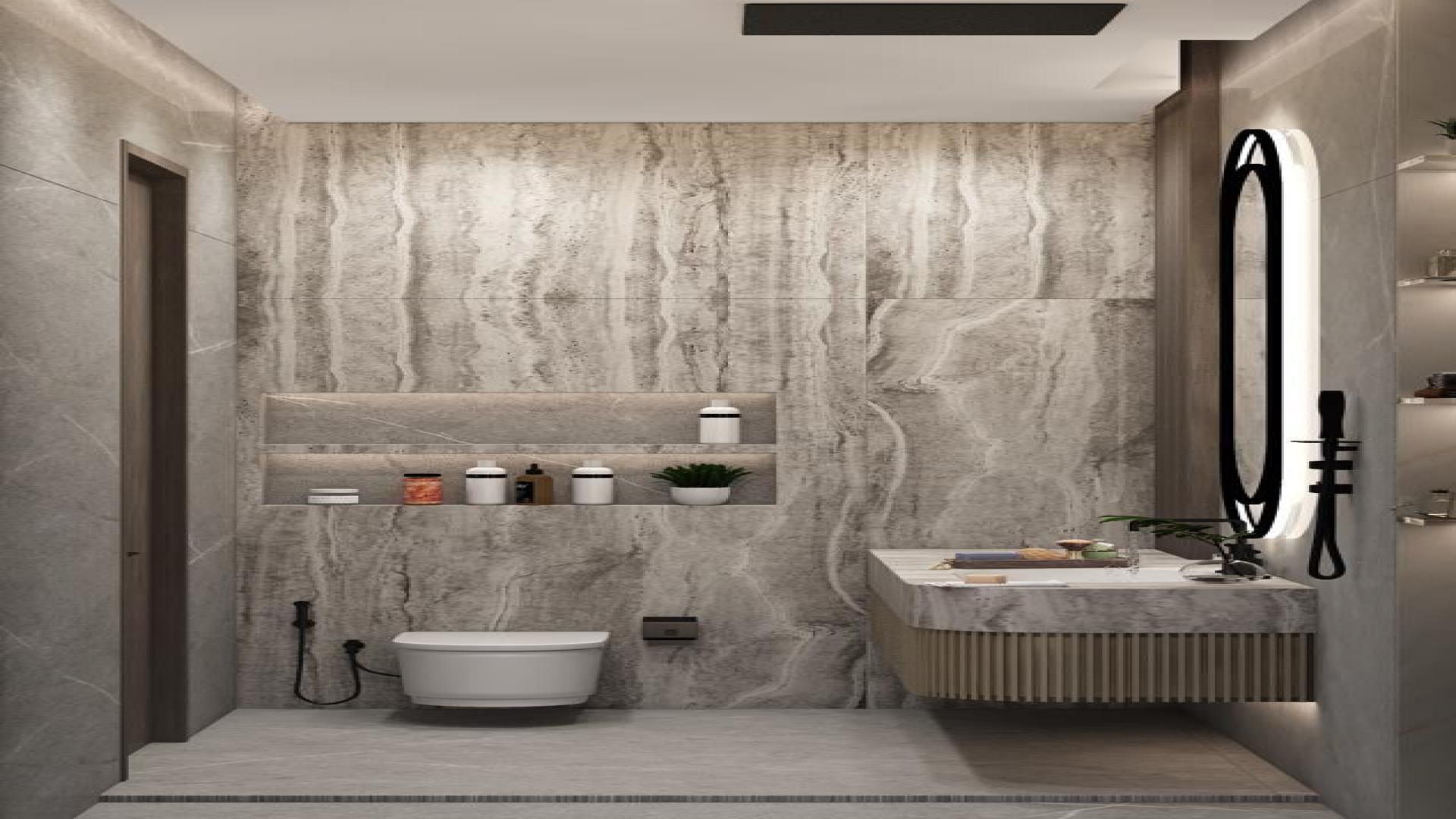 Modern living room in Wildflower villa, Jumeirah Golf Estates, with stylish decor and large windows