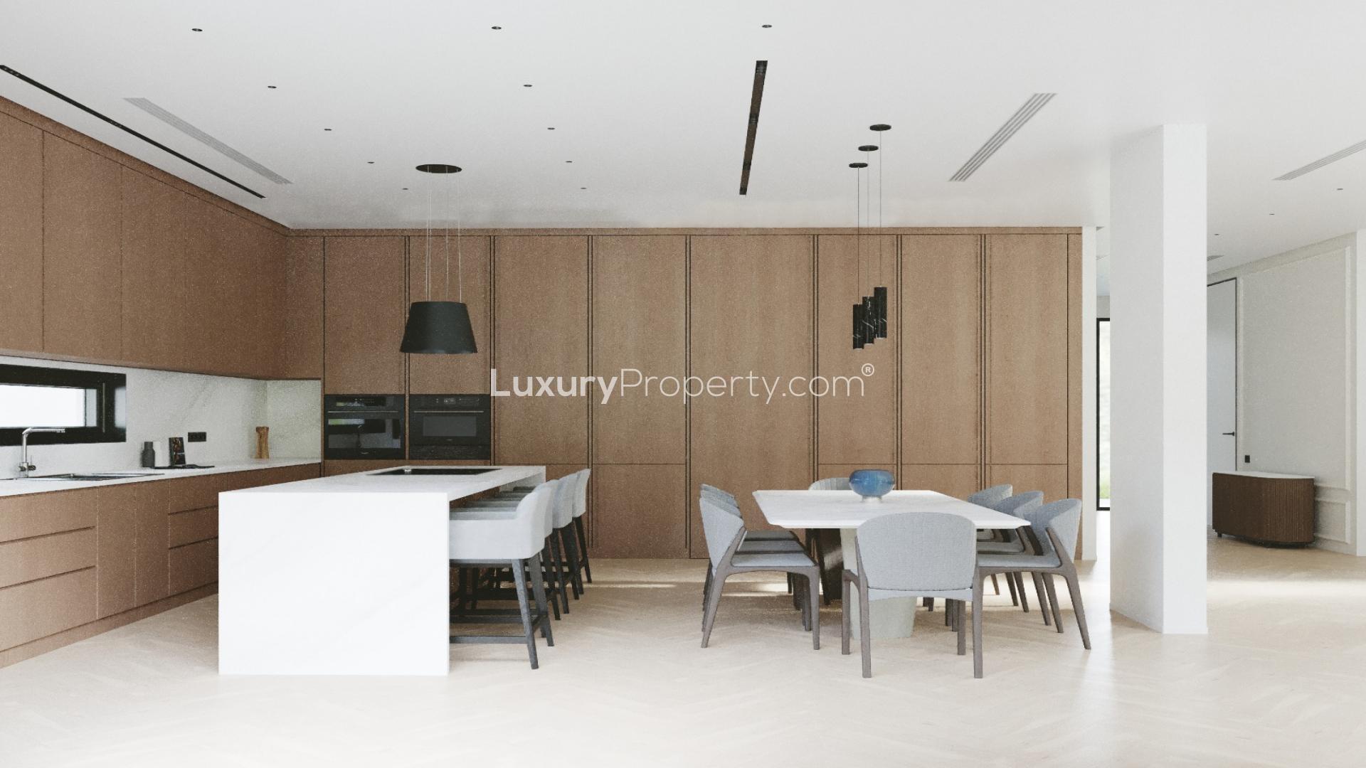 Majestic villa exterior with pool, Jumeirah Golf Estates, Earth community, for sale