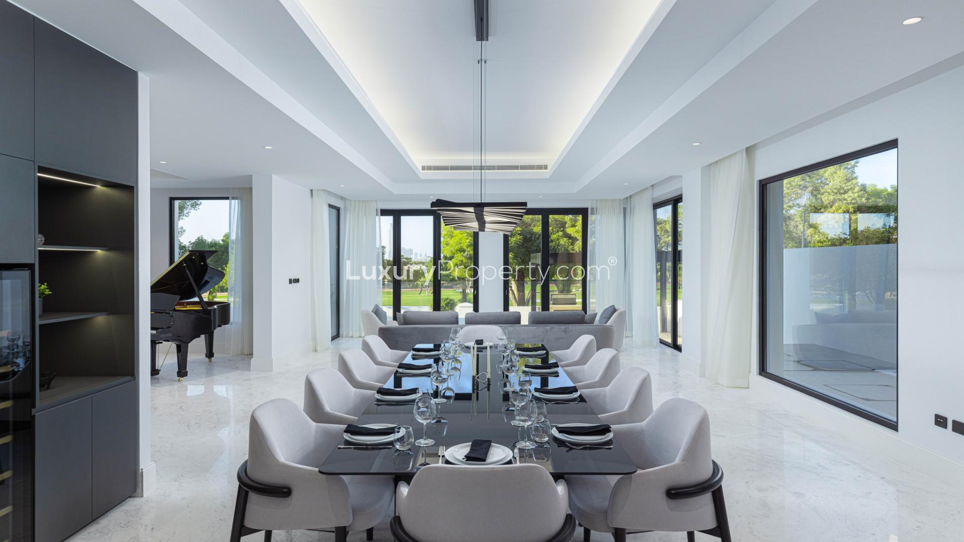 Modern dining and living area in renovated six-bedroom villa, Wildflower, Jumeirah Golf Estates, Dubai