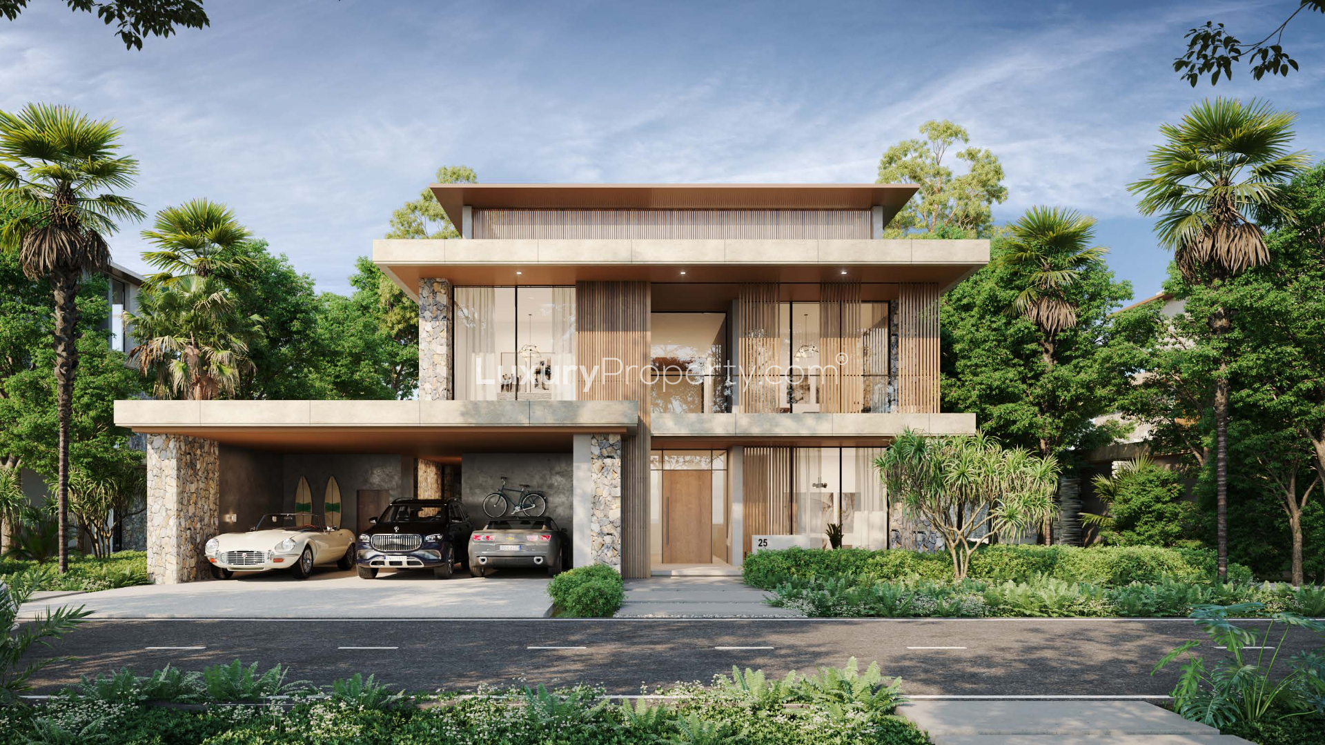 Stunning five-bedroom villa exterior in Alaya, Tilal Al Ghaf, surrounded by lush greenery